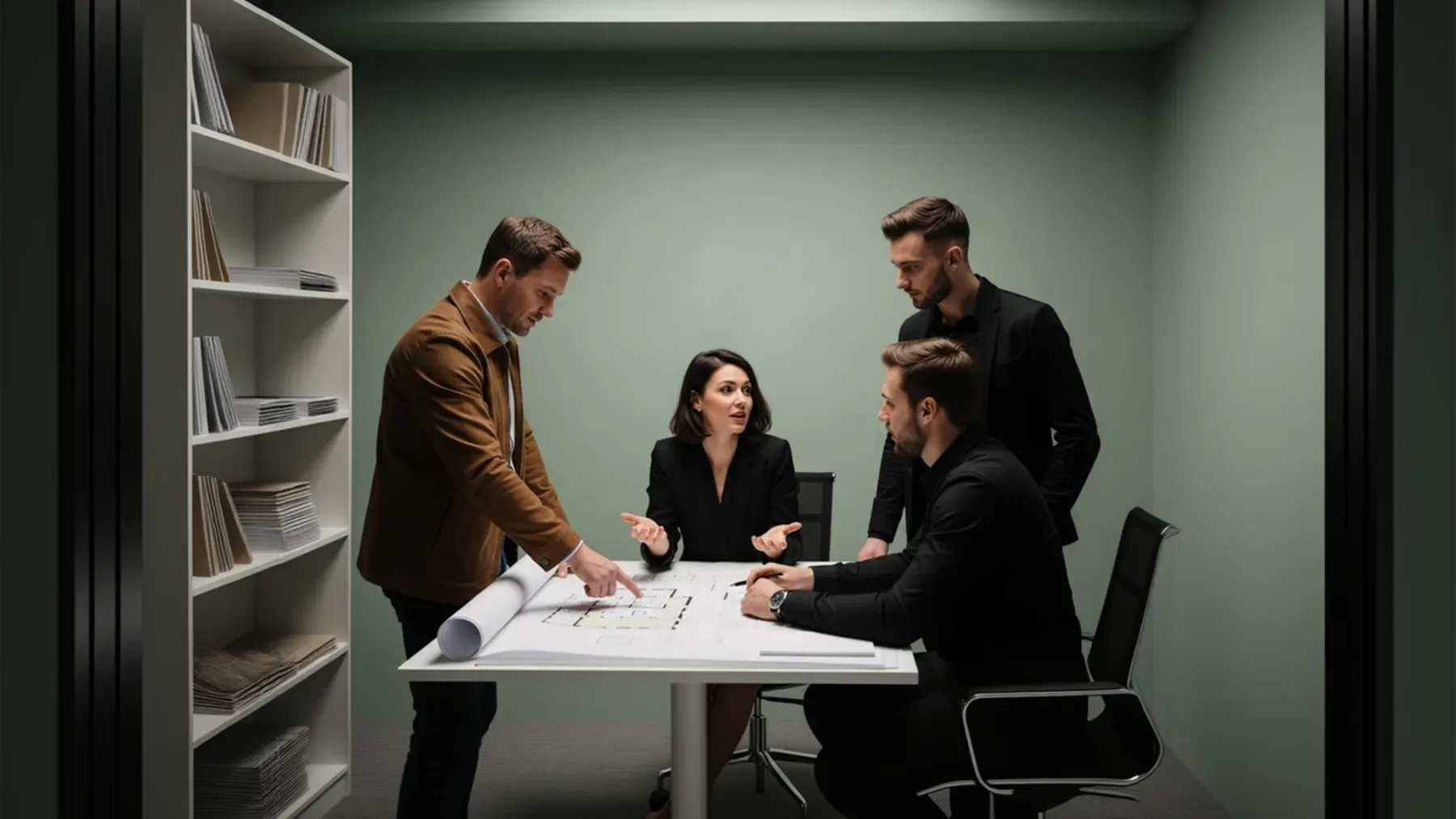 A project team meets around a table, representing the coworkers and clients whose trust remains part of the ending.