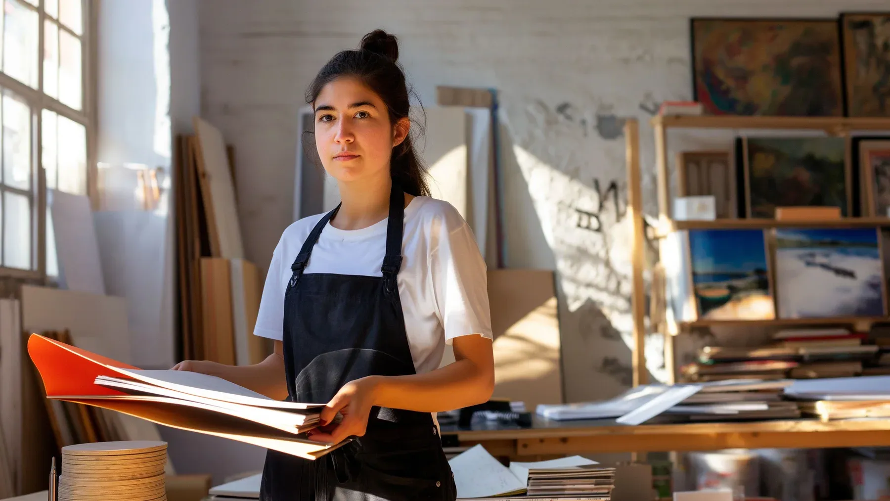 An art professional holding a portfolio in a studio as she prepares to answer a disputed record.