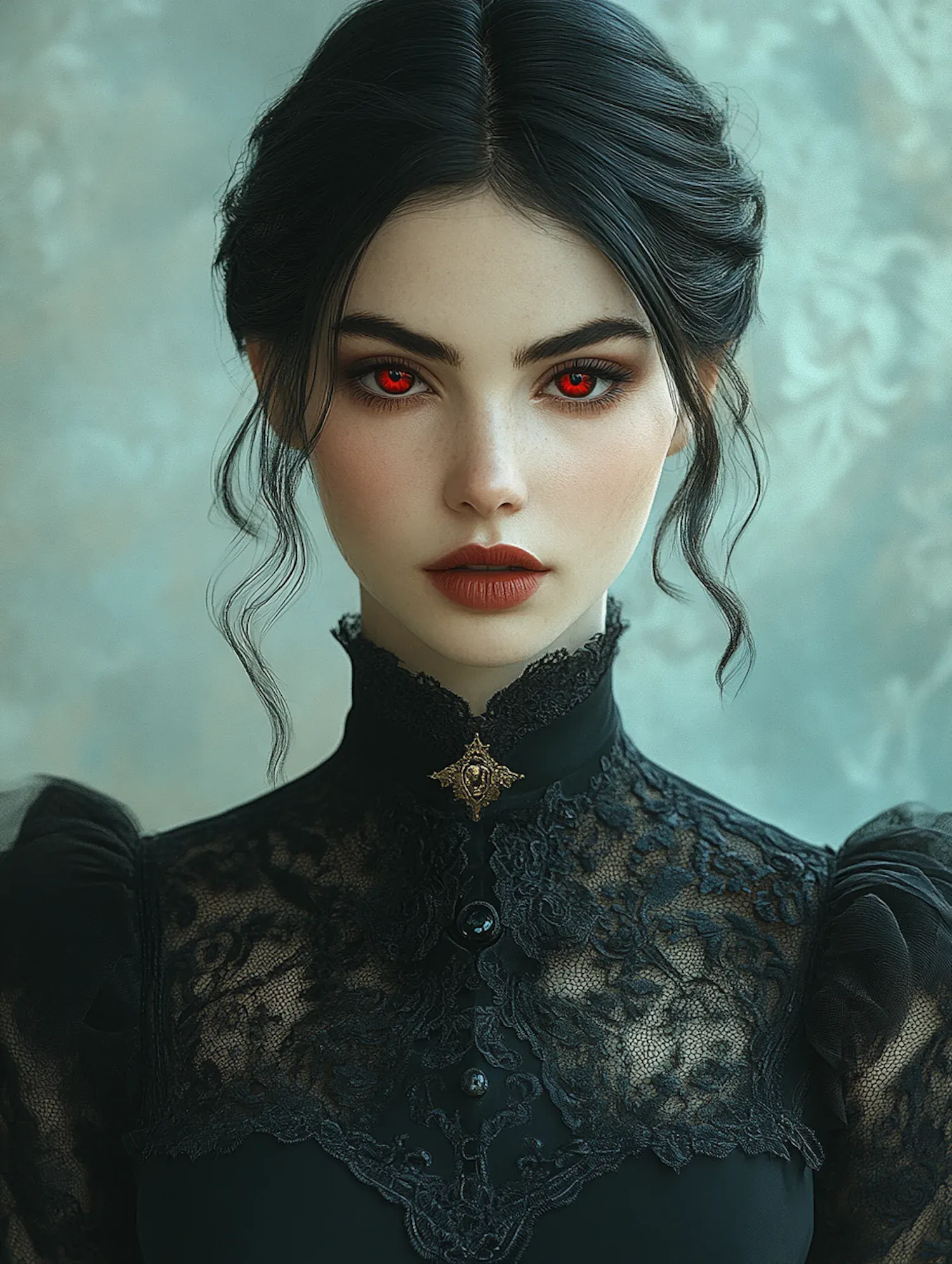 A gothic portrait with an unnervingly composed stare, showing how stillness, beauty, and social control can make a villain more unsettling than open rage.