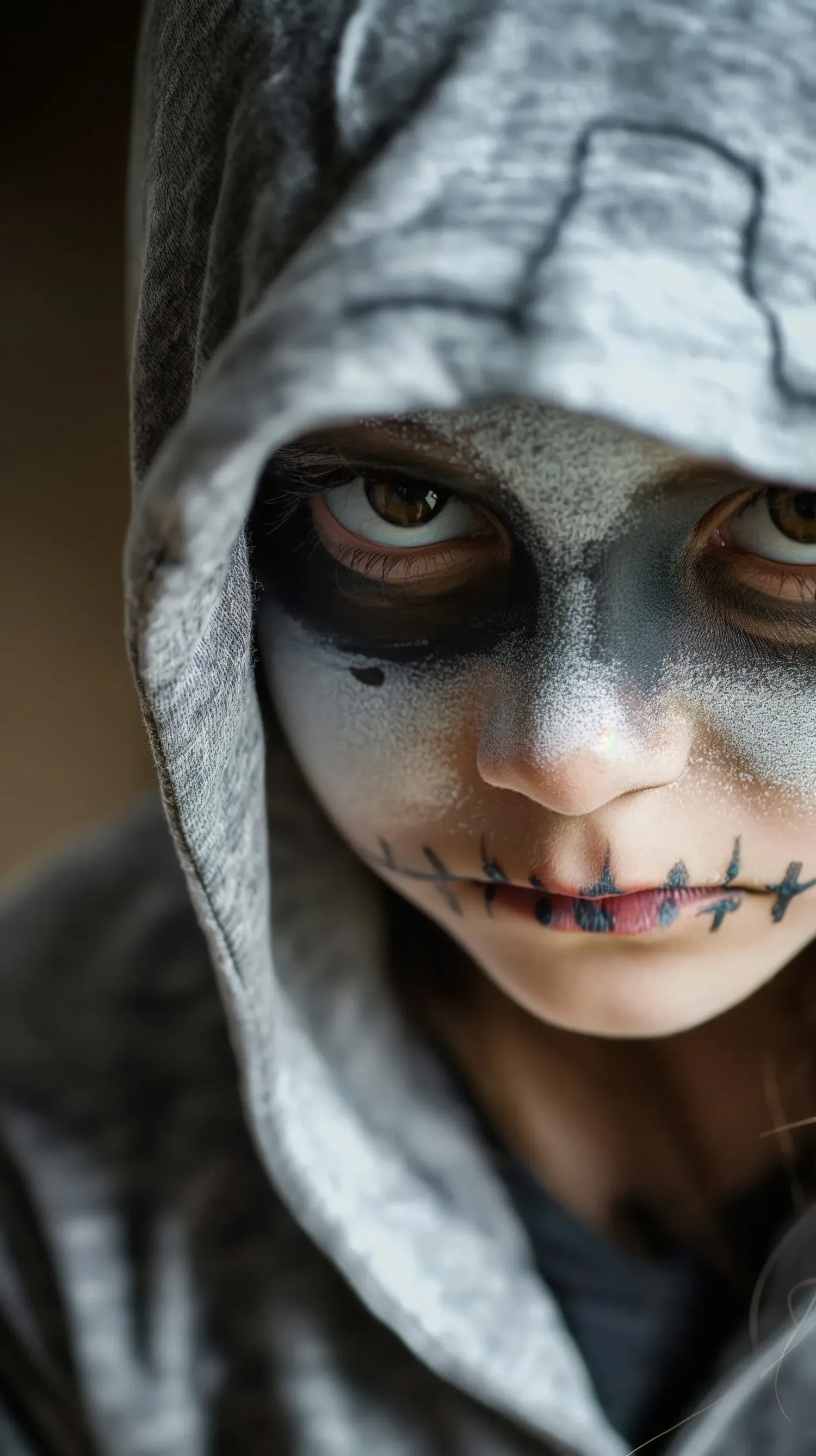 A hooded figure with a stitched mouth and direct gaze, reflecting a quieter kind of villainy built on secrecy, silence, and controlled intimidation.