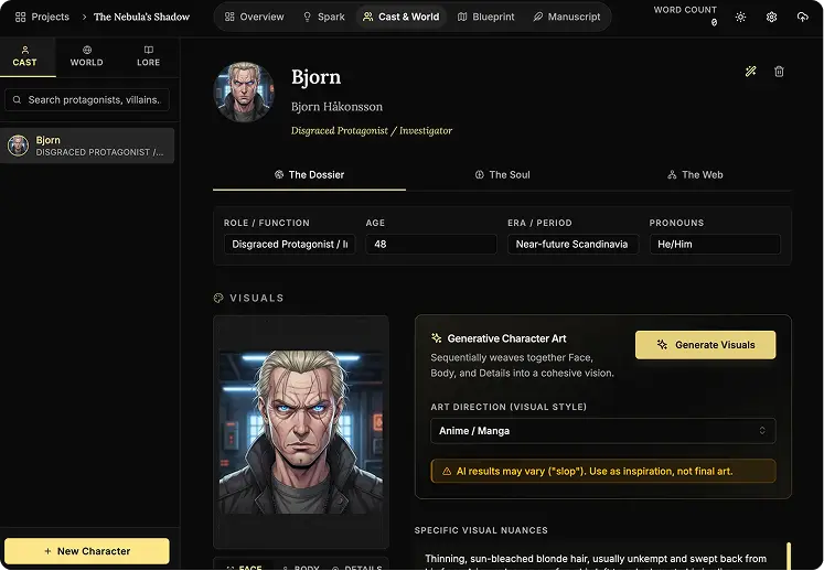 NovelOS character creation workspace