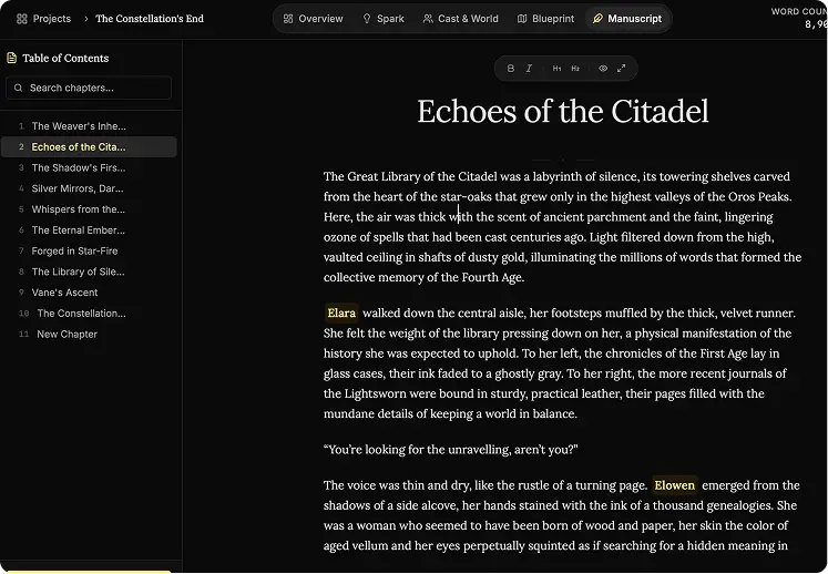 NovelOS focus editor and manuscript workspace