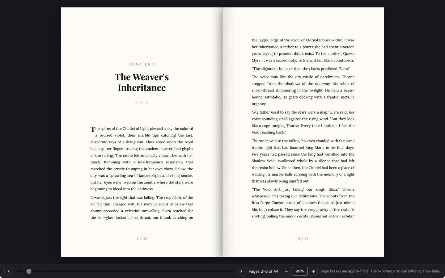 The Book Preview window showing pages 2 and 3 of 44 side by side: the opening of chapter one, The Weaver's Inheritance, on the left and its next page on the right.