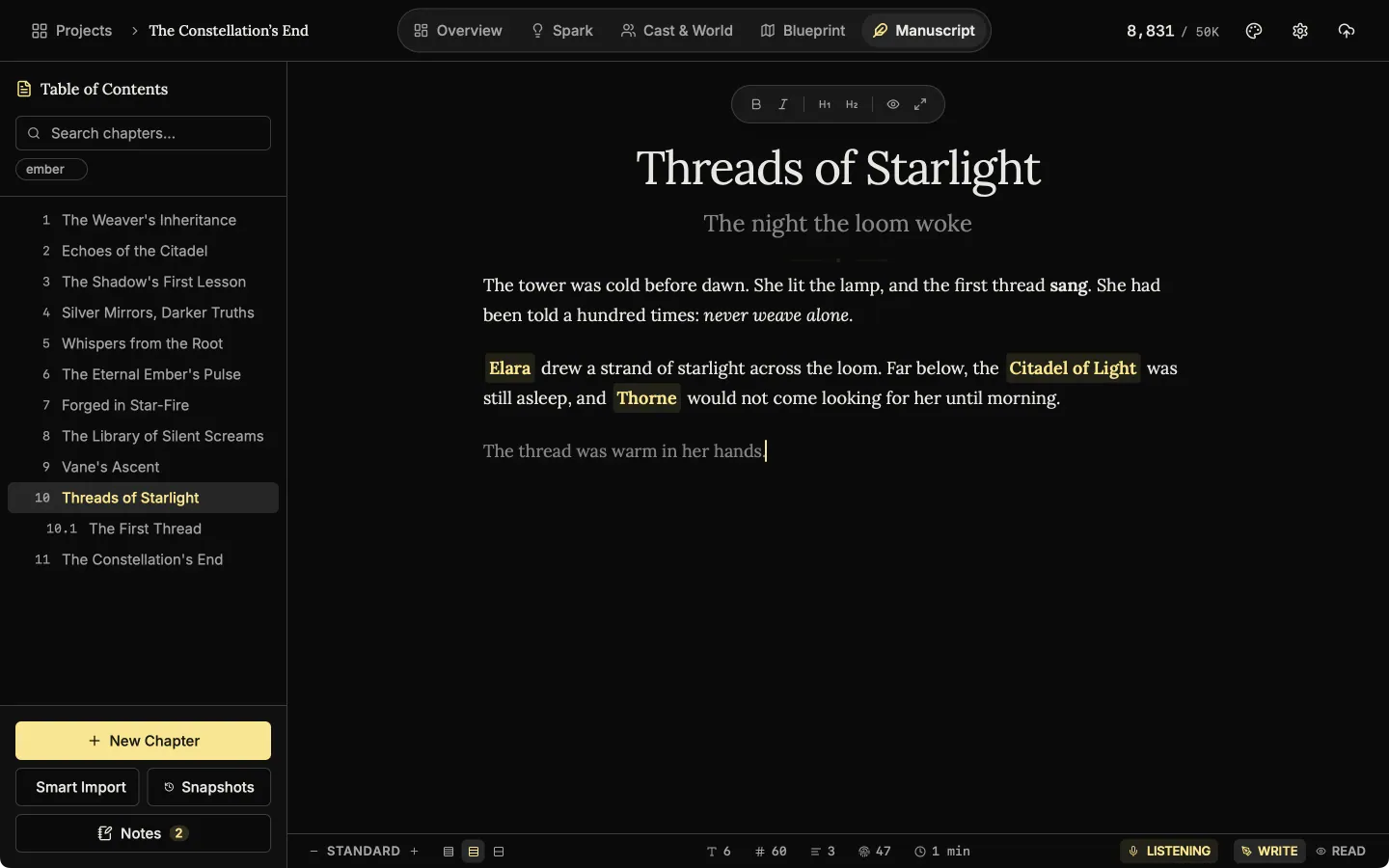 The editor with dictation on: the status bar reads Listening and the newest words are dimmed while they are still being worked out.