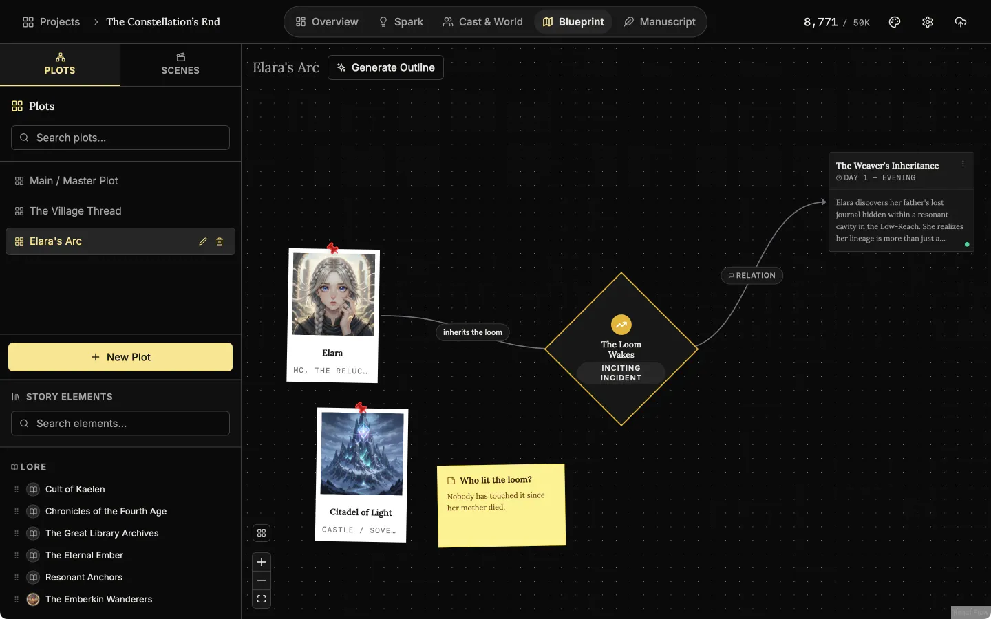 A plot board with character, plot point and scene cards joined by labelled links, and a yellow sticky note.