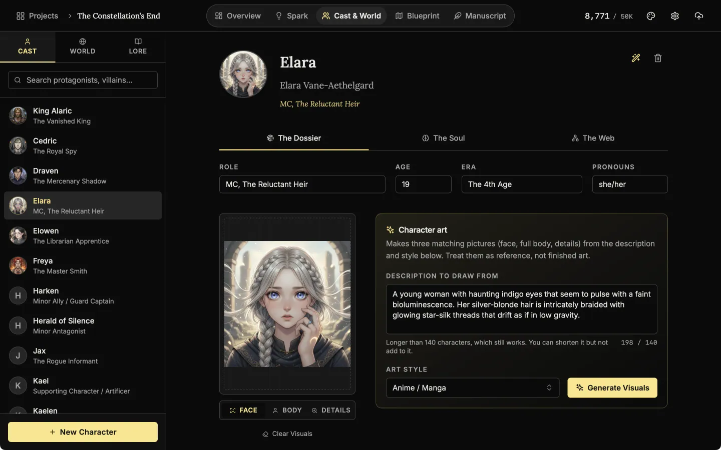 The Cast list with portraits beside the dossier of Elara, showing her role, age, pronouns and character art.