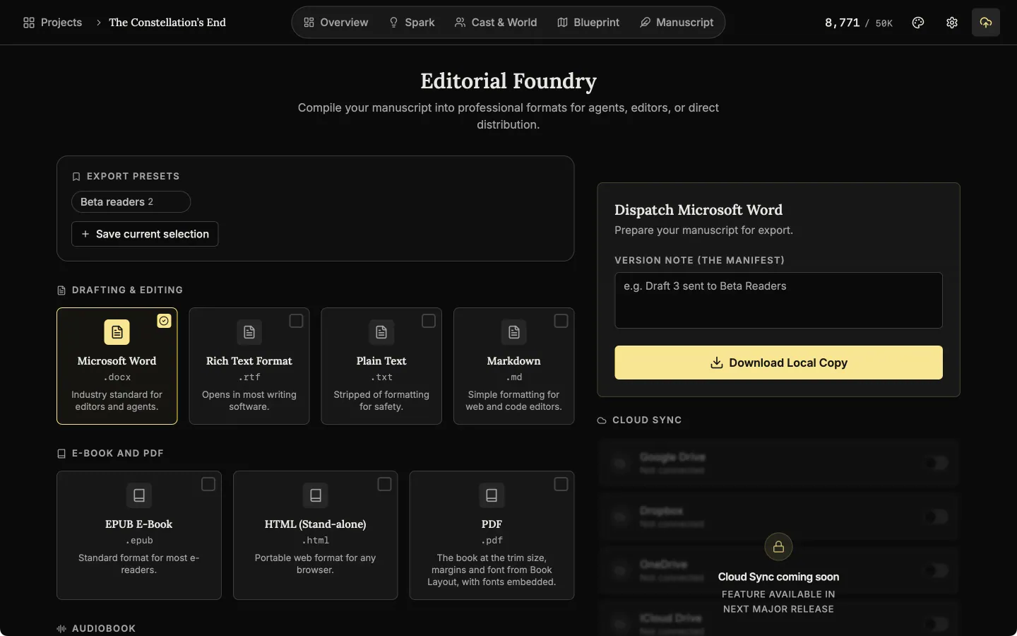 The Publish page with format cards for Word, RTF, plain text, Markdown, EPUB, HTML and PDF beside the export panel.