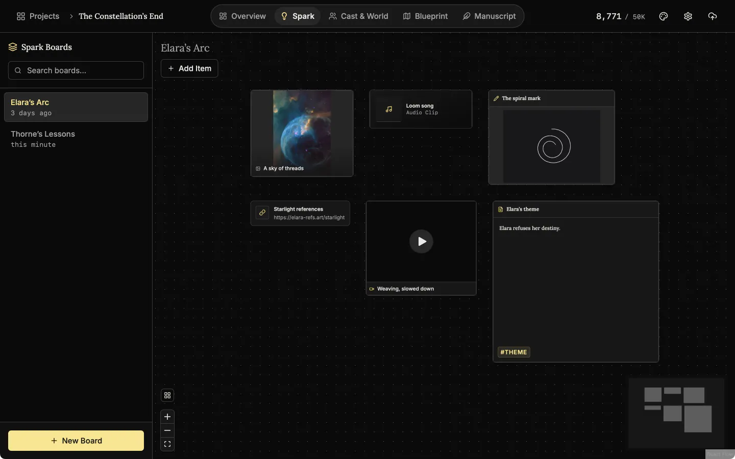 A Spark board holding a note, an image, a drawing, a link, an audio card and a video card.