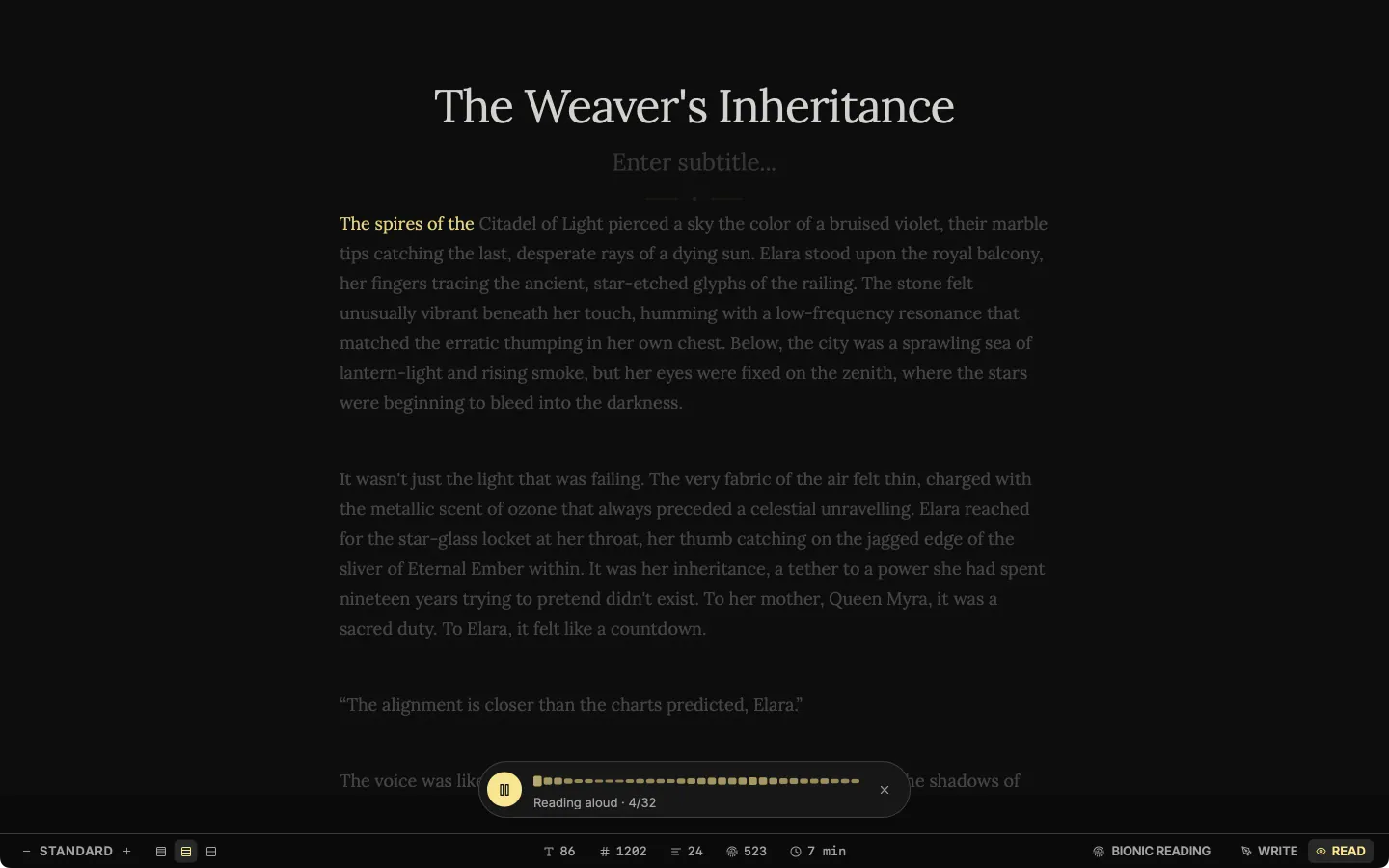 A chapter in Read mode being read aloud: the player bar is running, the spoken word is highlighted and the rest of the text is dimmed.