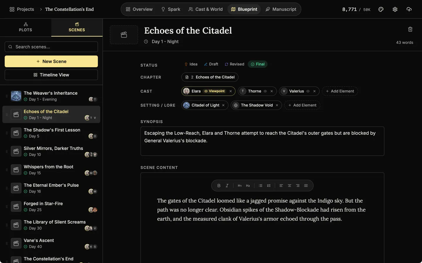 The Scenes list with a picture, a status icon, the day and cast portraits for each scene.