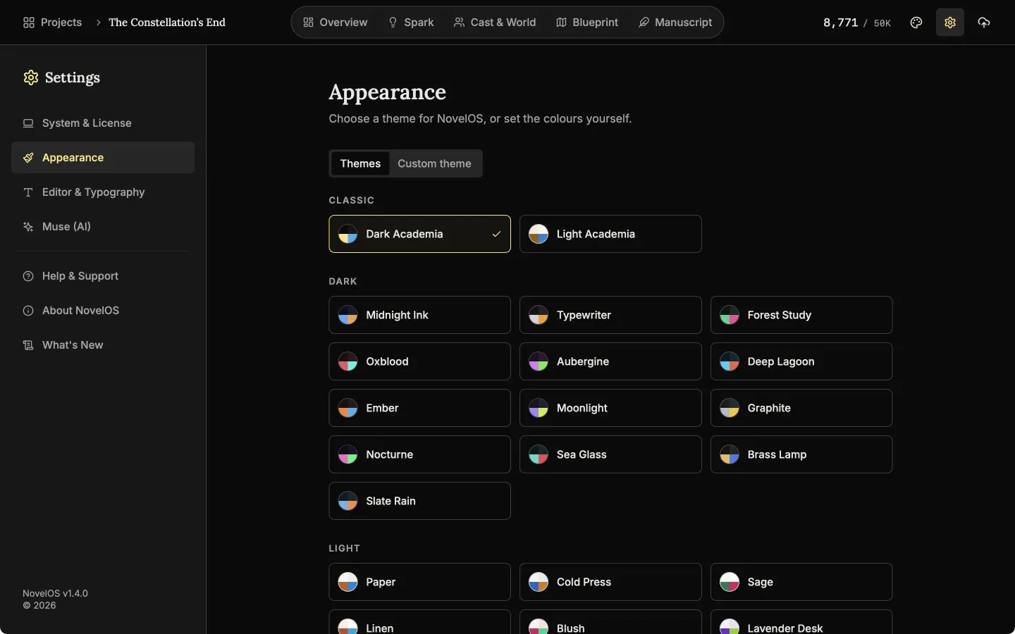 The Appearance tab of Settings with the list of themes grouped as Classic, Dark and Light.