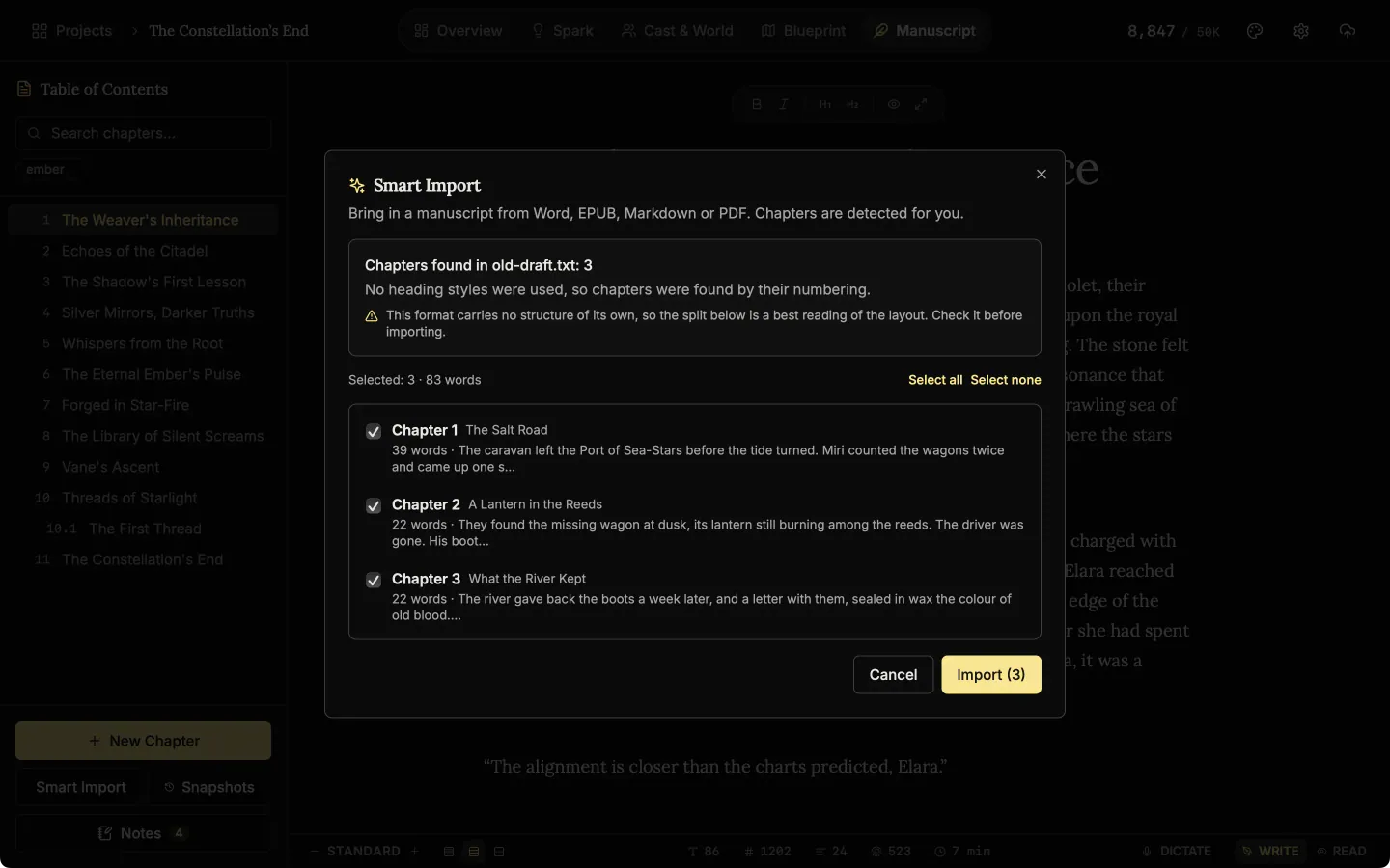 The Smart Import dialog listing the chapters it found in a file, with their titles and word counts.