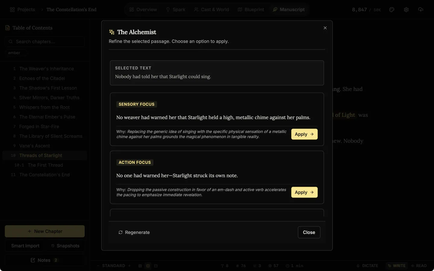 The Alchemist dialog showing the original text and two rewrites, each with a reason and an Apply button.