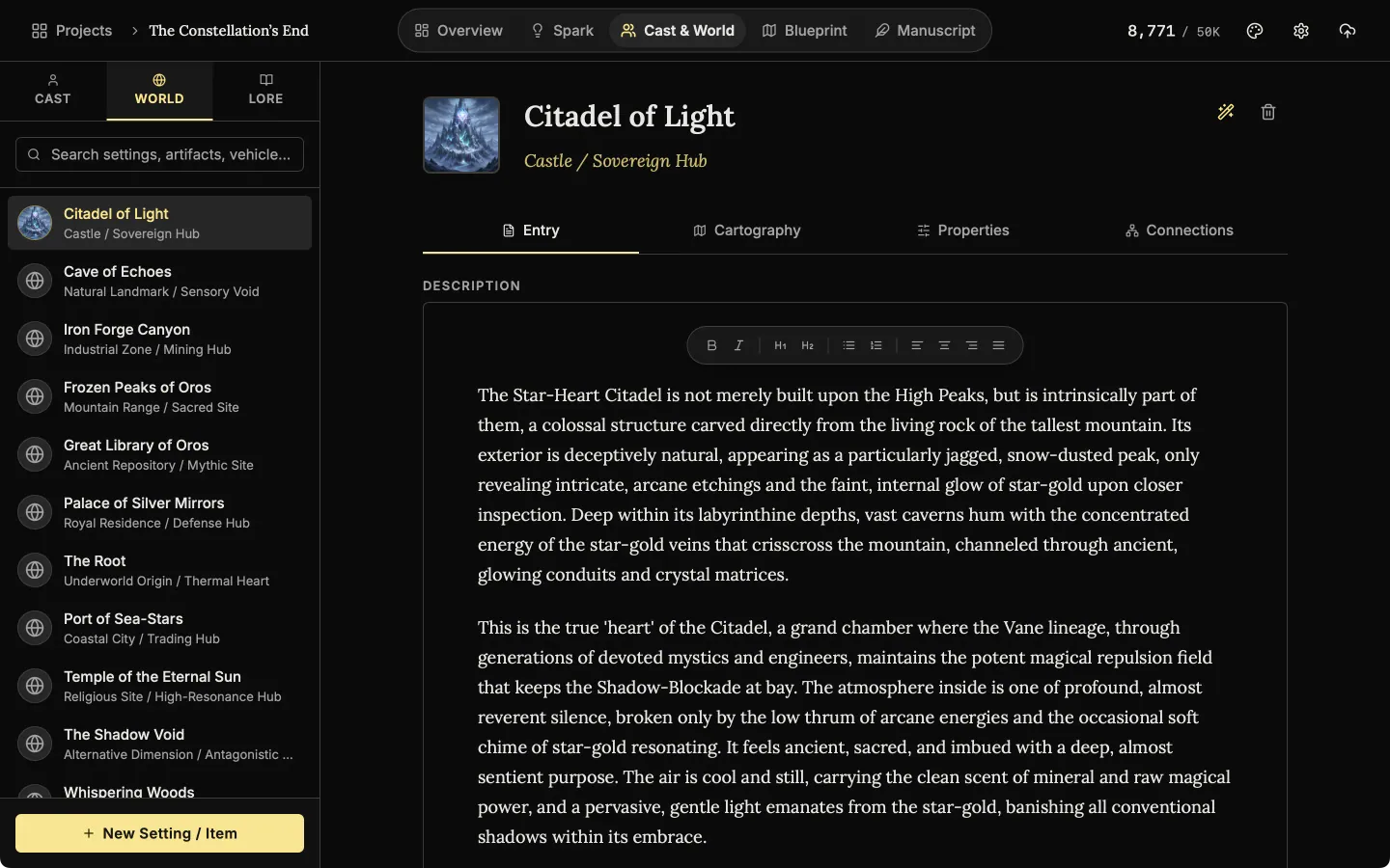 The World list with pictures and types beside the entry of the Citadel of Light.
