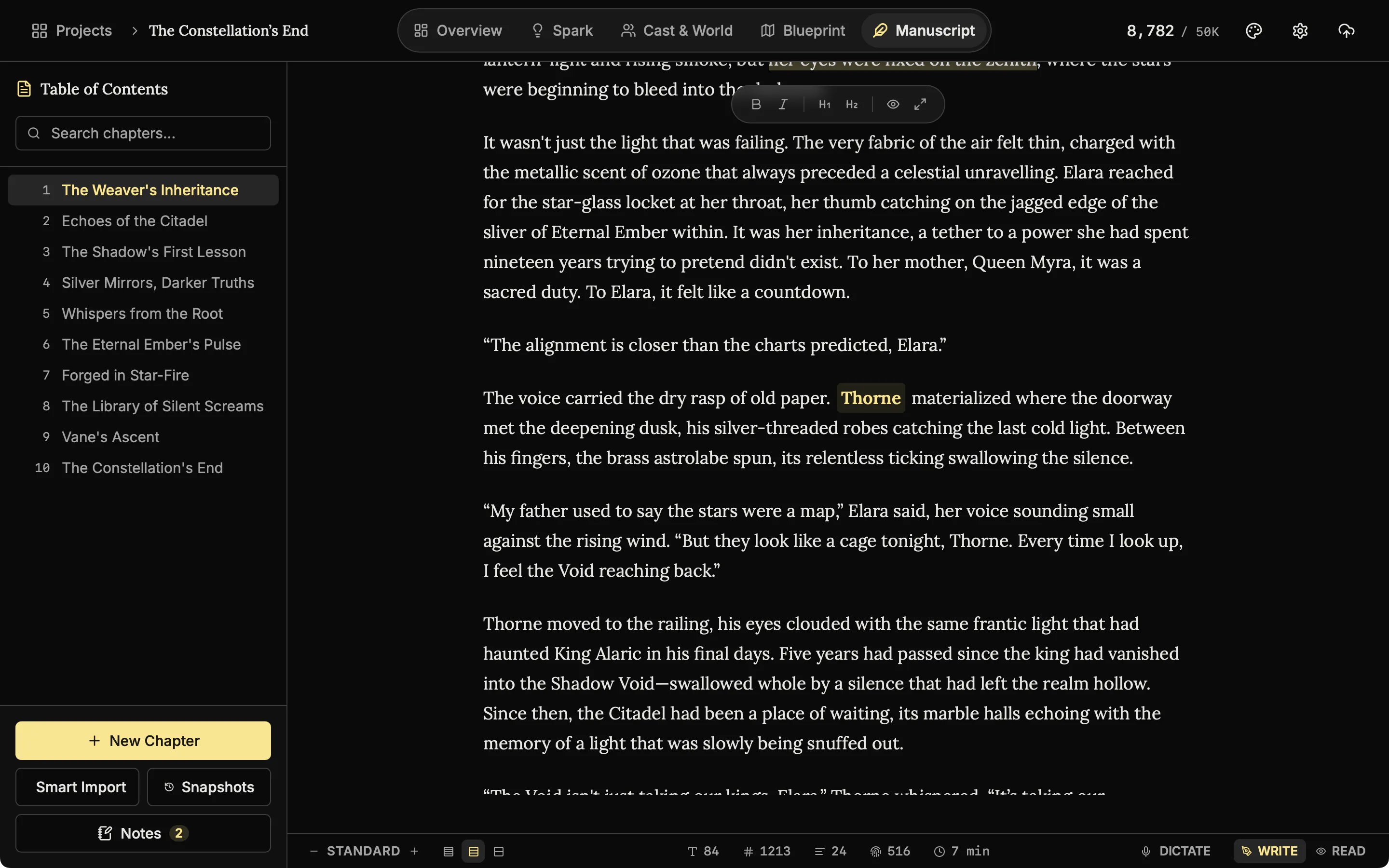 The manuscript editor after a rewrite was applied: the fourth paragraph now begins The voice carried the dry rasp of old paper, with the name Thorne highlighted as a link.