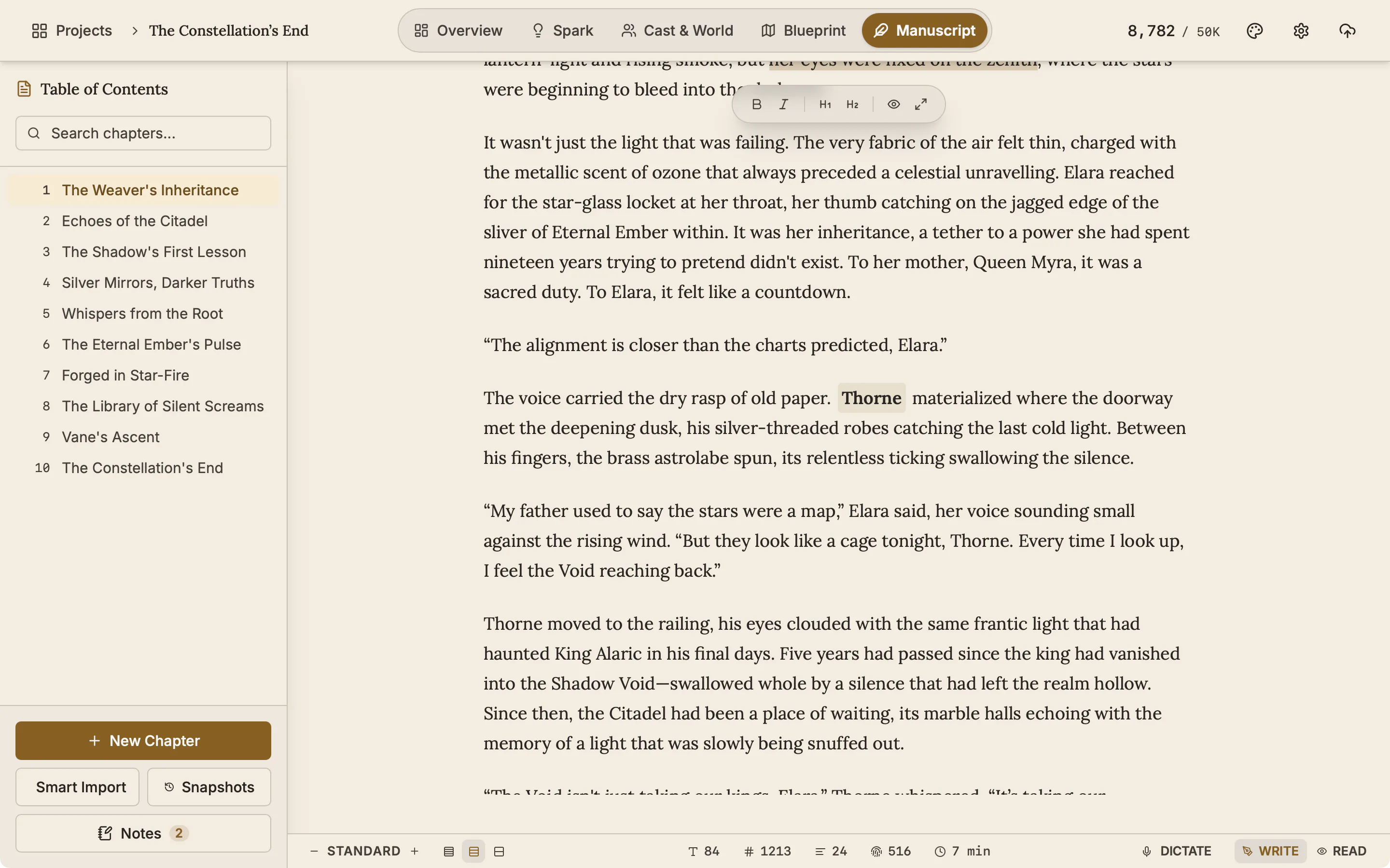 The manuscript editor after a rewrite was applied: the fourth paragraph now begins The voice carried the dry rasp of old paper, with the name Thorne highlighted as a link.