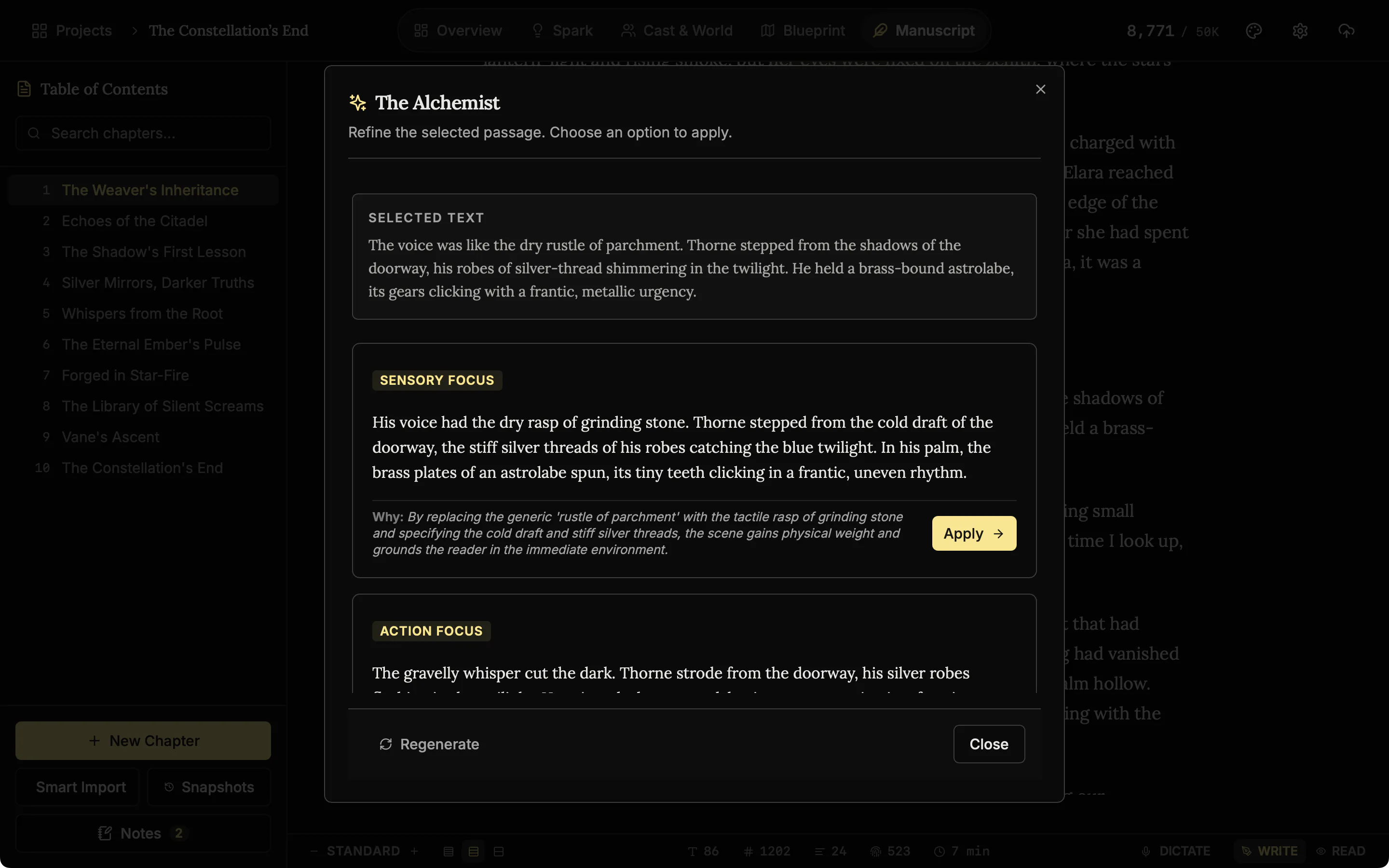The Alchemist window showing a selected paragraph of three sentences and, below it, a rewrite labelled Sensory Focus with a note on why and an Apply button.