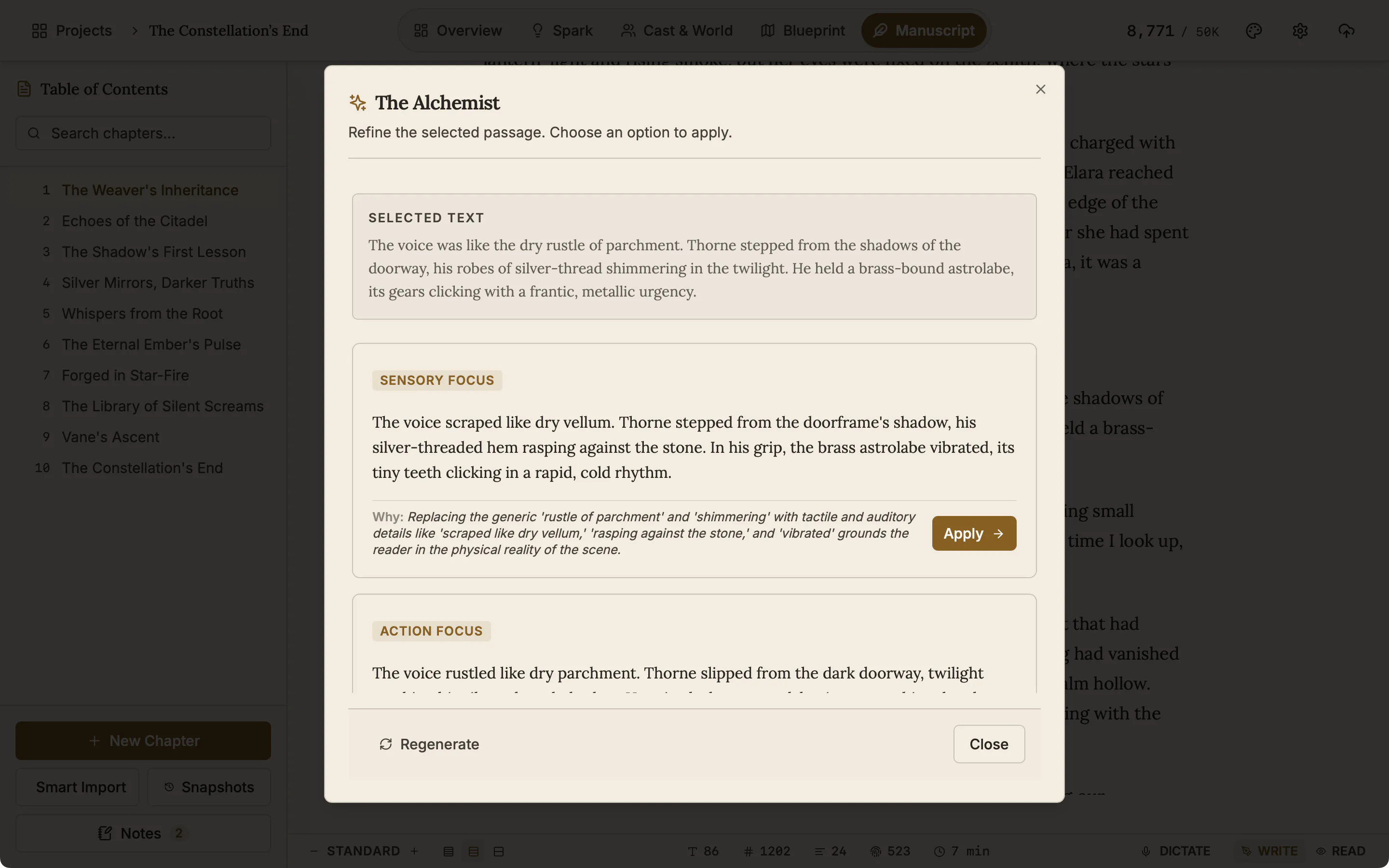 The Alchemist window showing a selected paragraph of three sentences and, below it, a rewrite labelled Sensory Focus with a note on why and an Apply button.