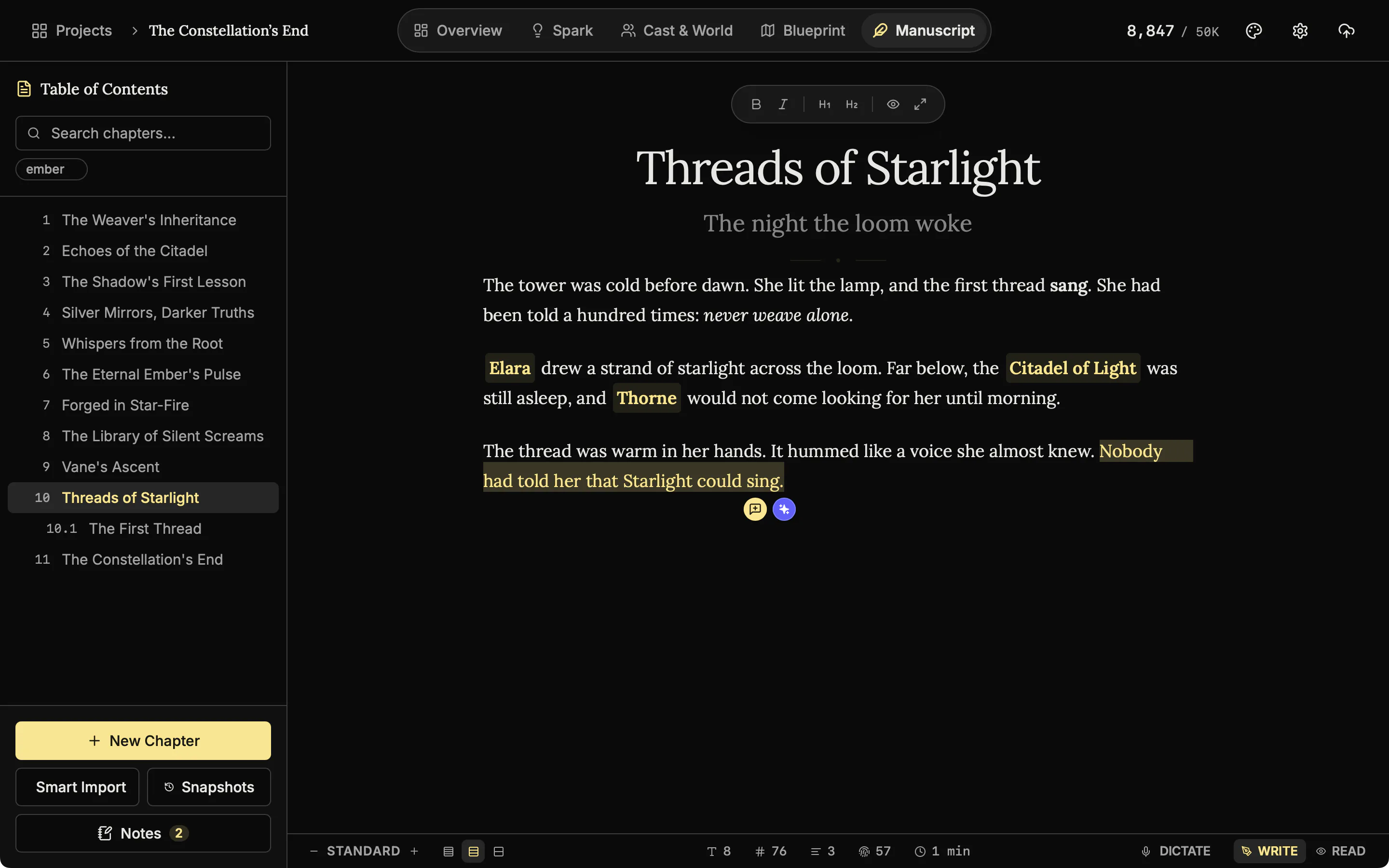 A chapter with one sentence selected and two small round buttons under it, one for a comment and one for The Alchemist.