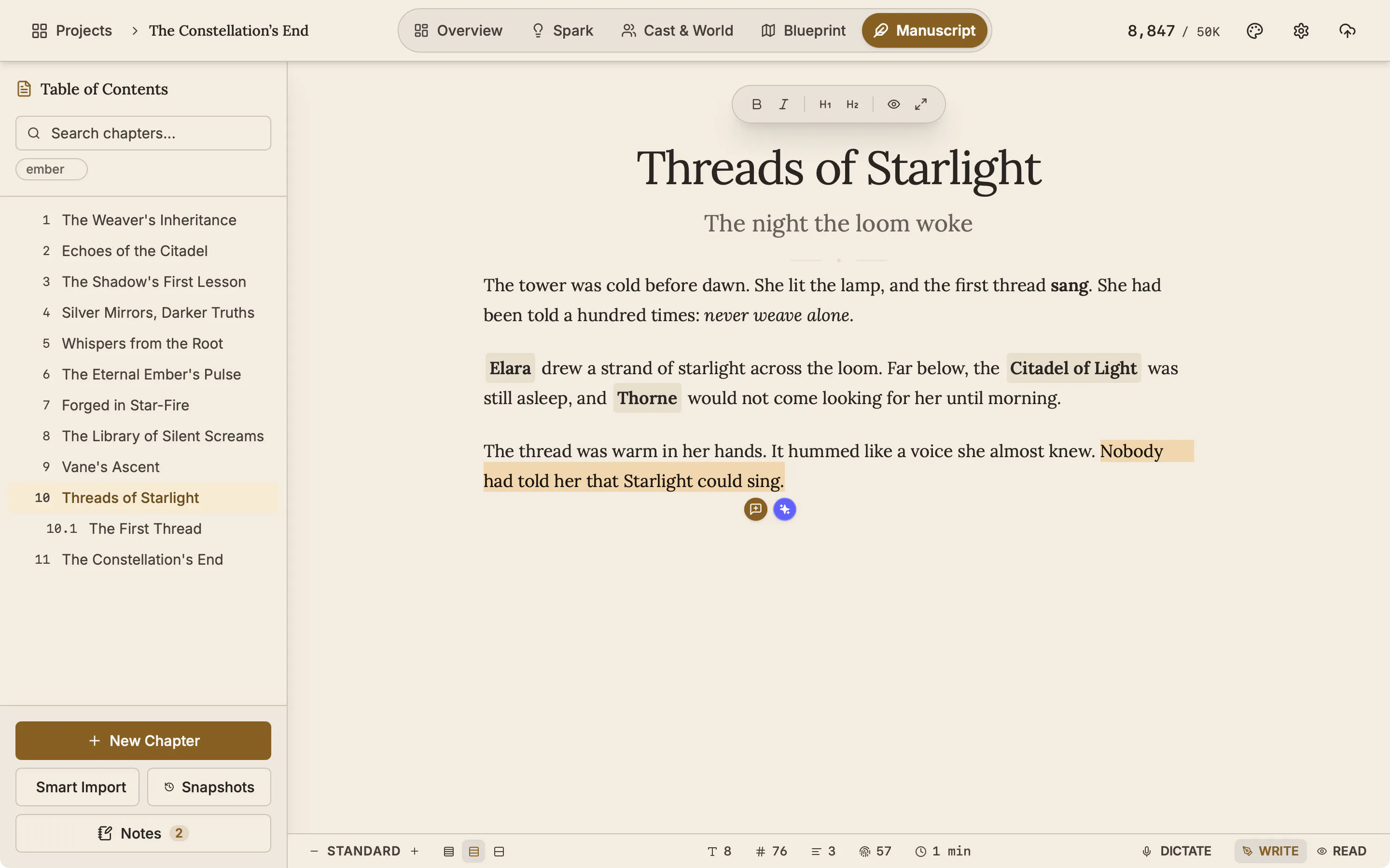 A chapter with one sentence selected and two small round buttons under it, one for a comment and one for The Alchemist.