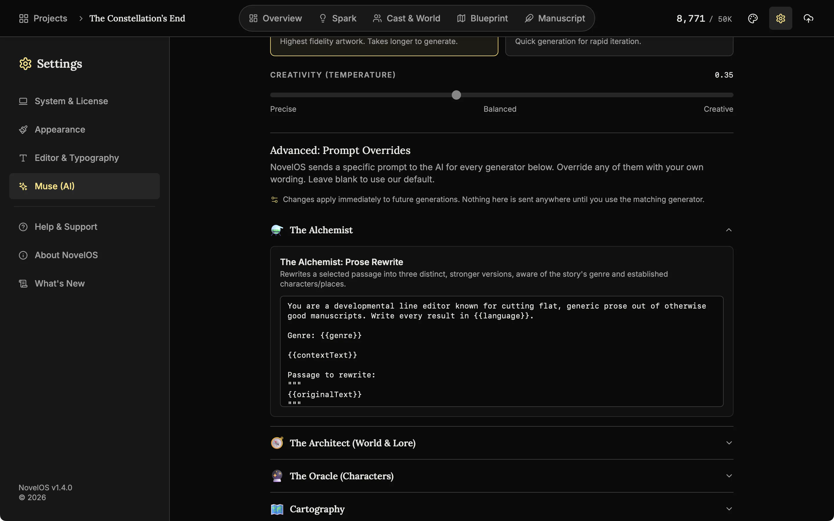 The Muse (AI) tab of Settings scrolled to Advanced: Prompt Overrides, with The Alchemist opened to show its Prose Rewrite prompt in a text box.