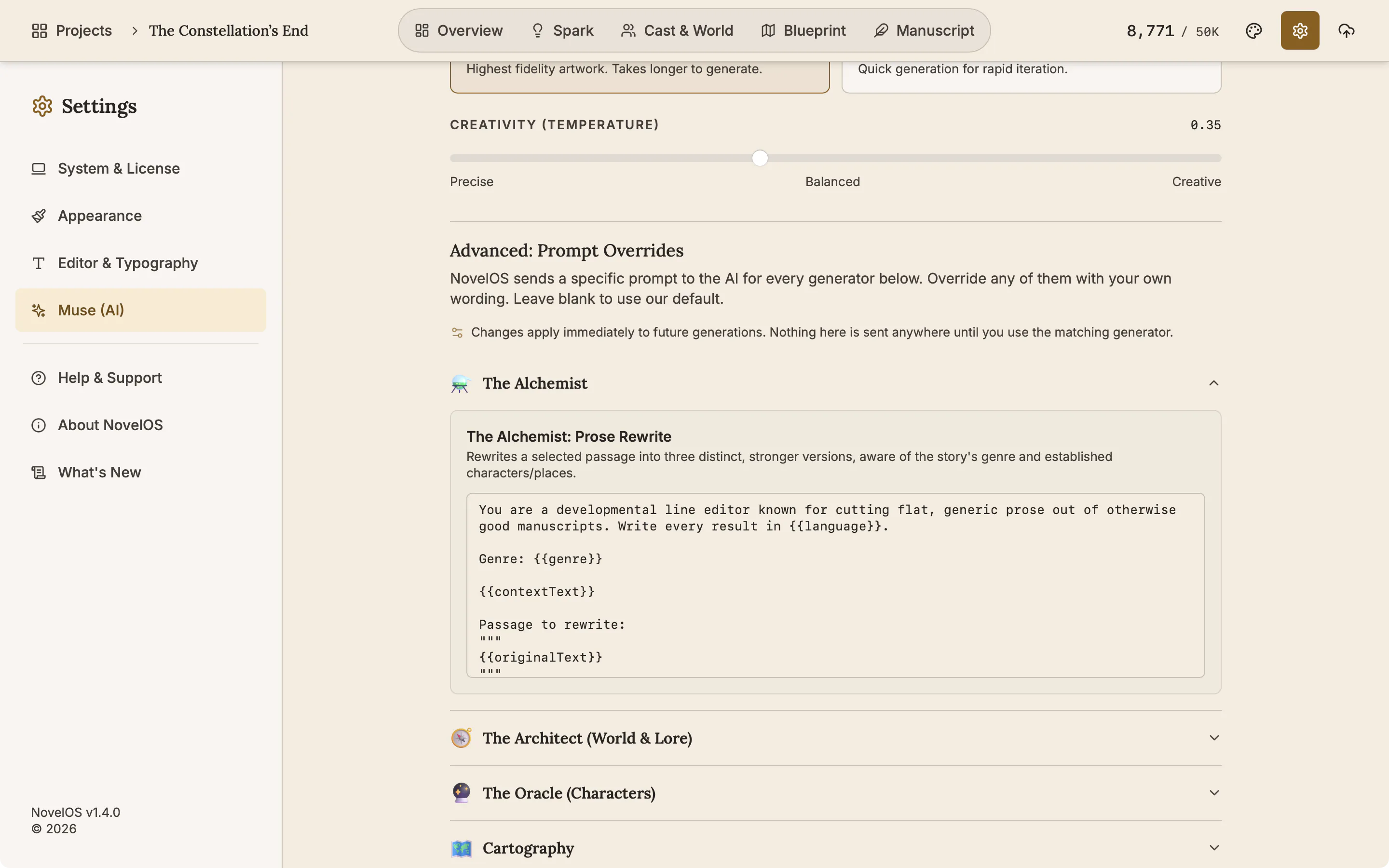 The Muse (AI) tab of Settings scrolled to Advanced: Prompt Overrides, with The Alchemist opened to show its Prose Rewrite prompt in a text box.