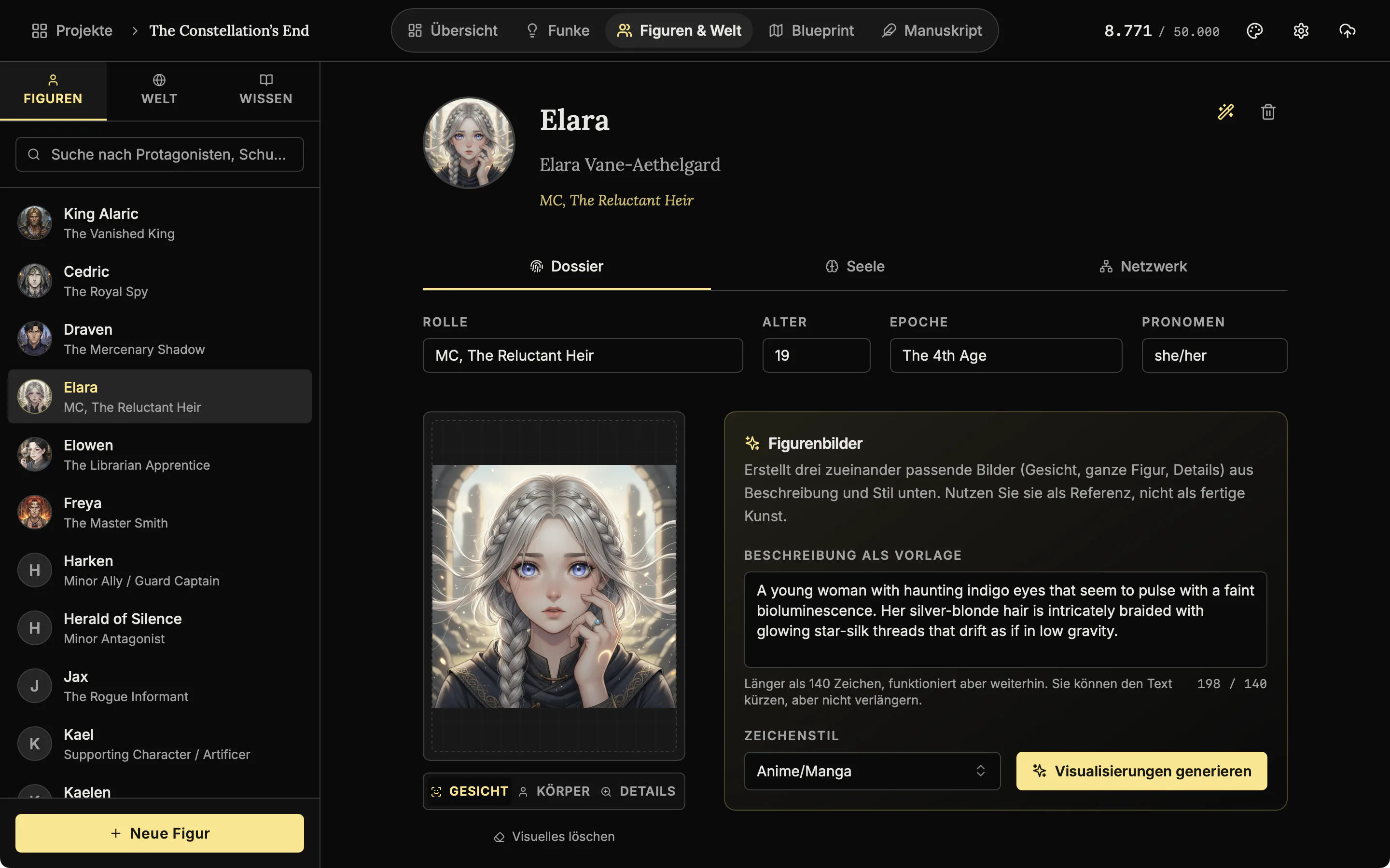 The Cast screen with the interface in German: tabs Figuren, Welt and Wissen, the character Elara with the fields Rolle, Alter, Epoche and Pronomen and a portrait.
