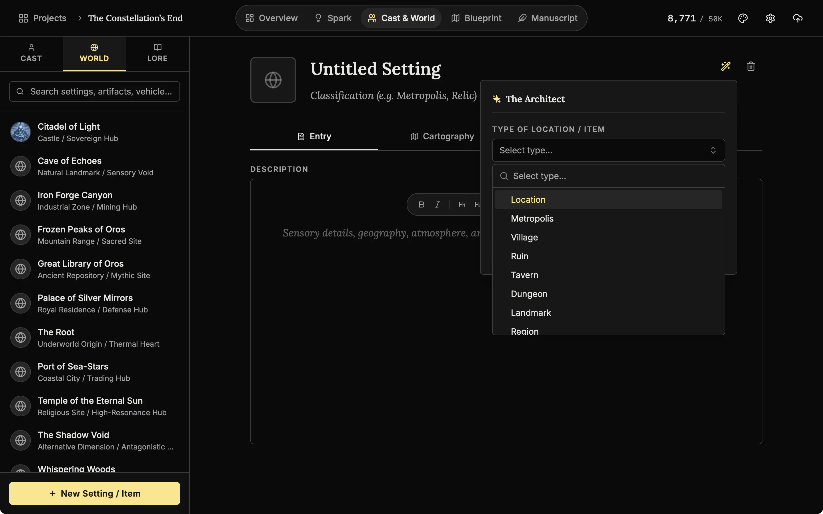 The Architect panel open over a new place with the list of place types showing.