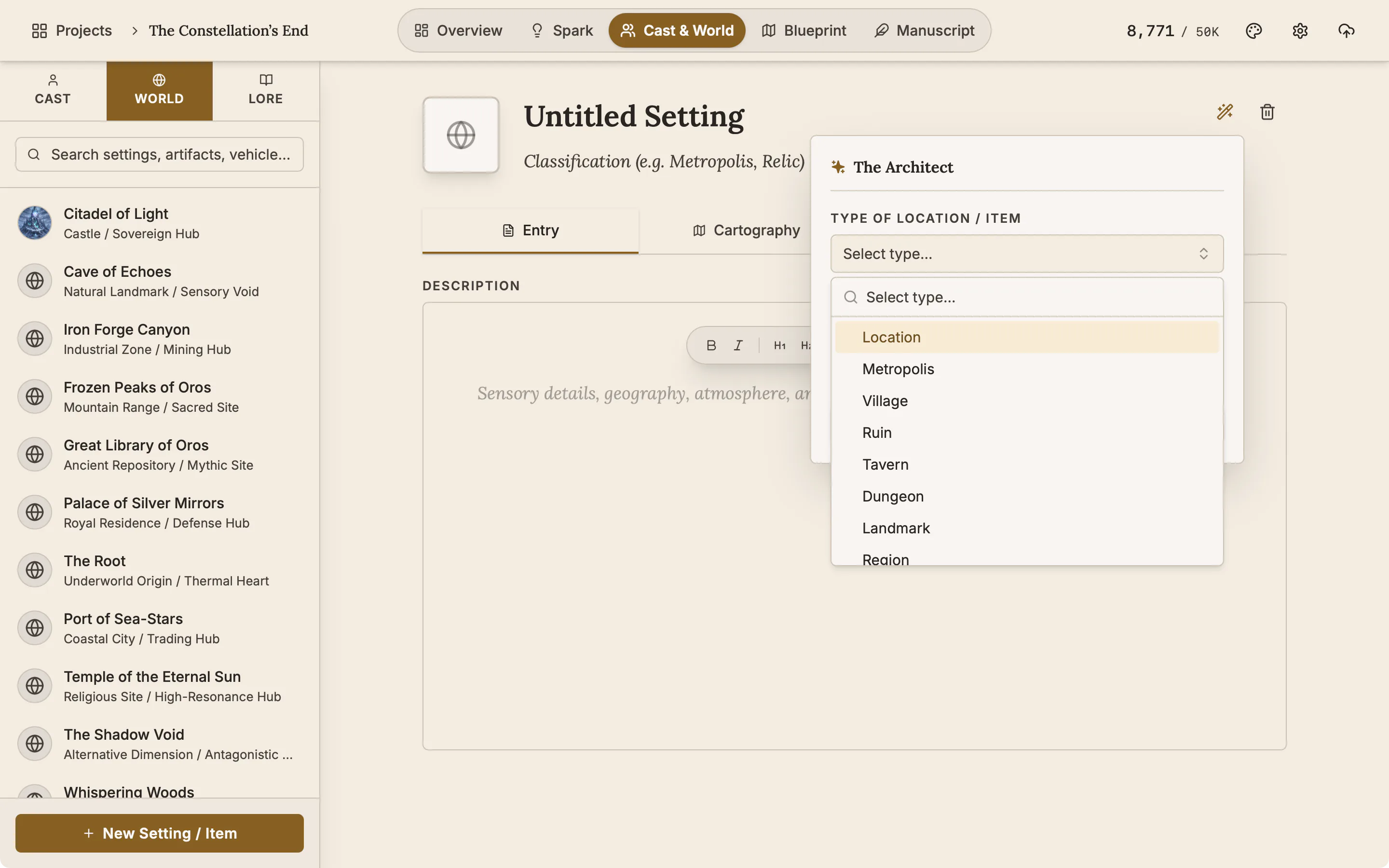 The Architect panel open over a new place with the list of place types showing.