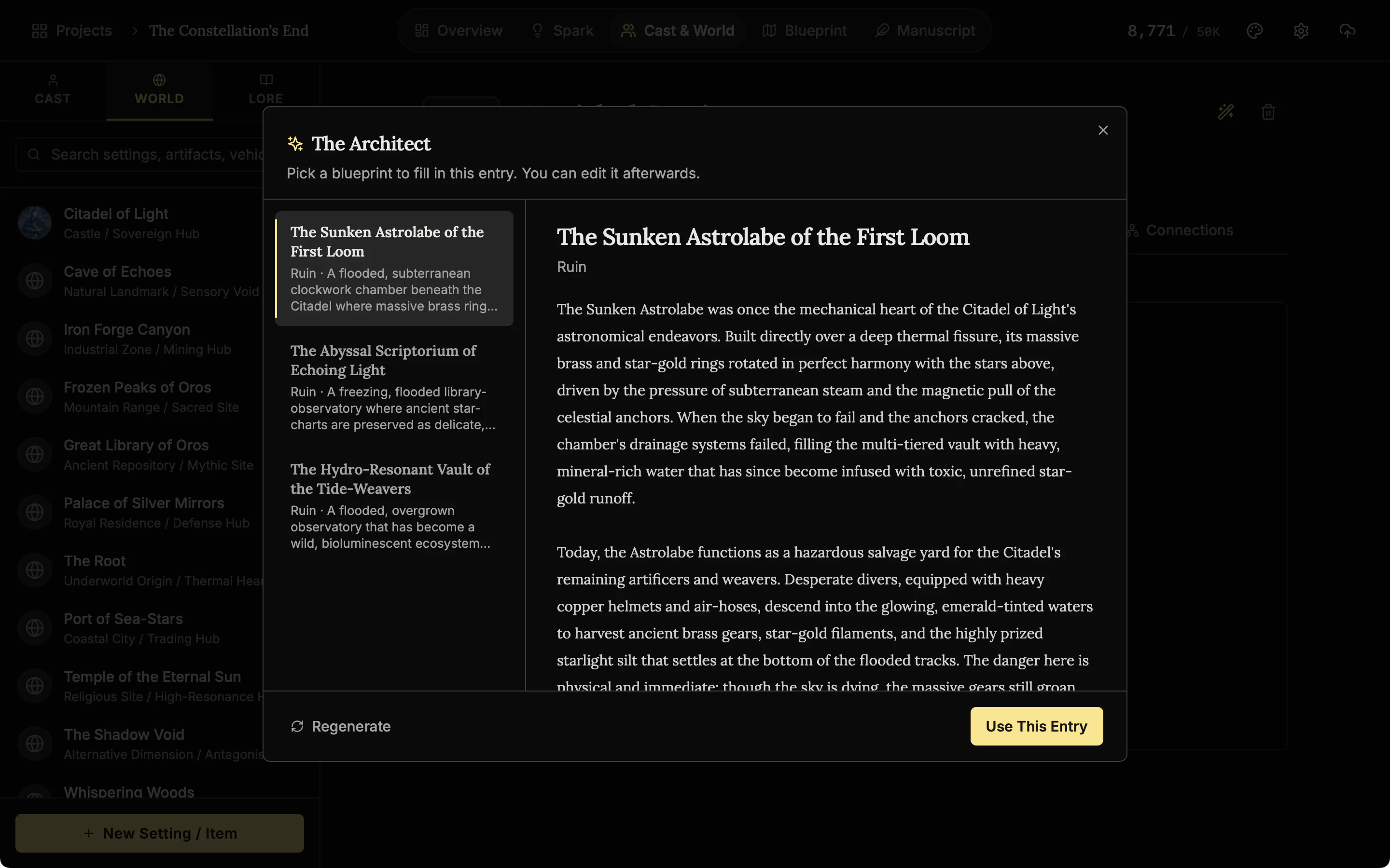 The Architect results window with three suggested places listed on the left, the first one selected, and its description on the right above the Use This Entry button.