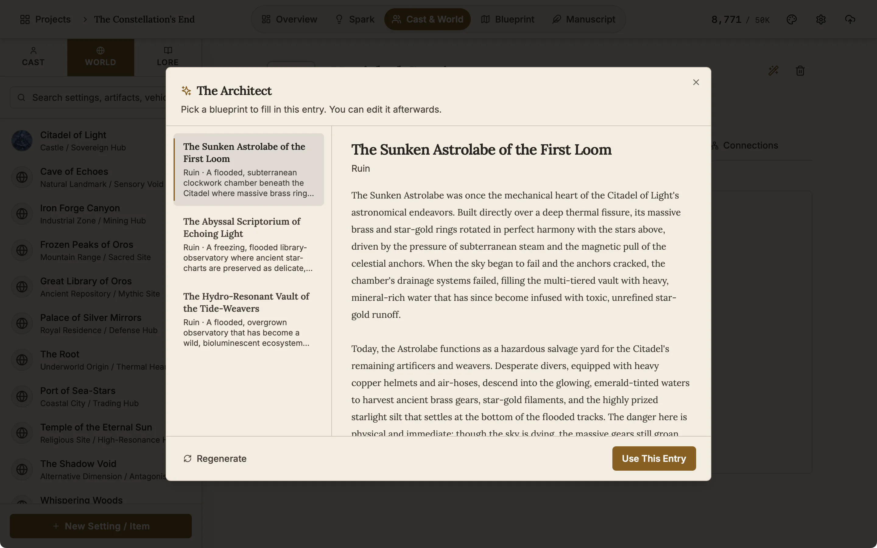 The Architect results window with three suggested places listed on the left, the first one selected, and its description on the right above the Use This Entry button.