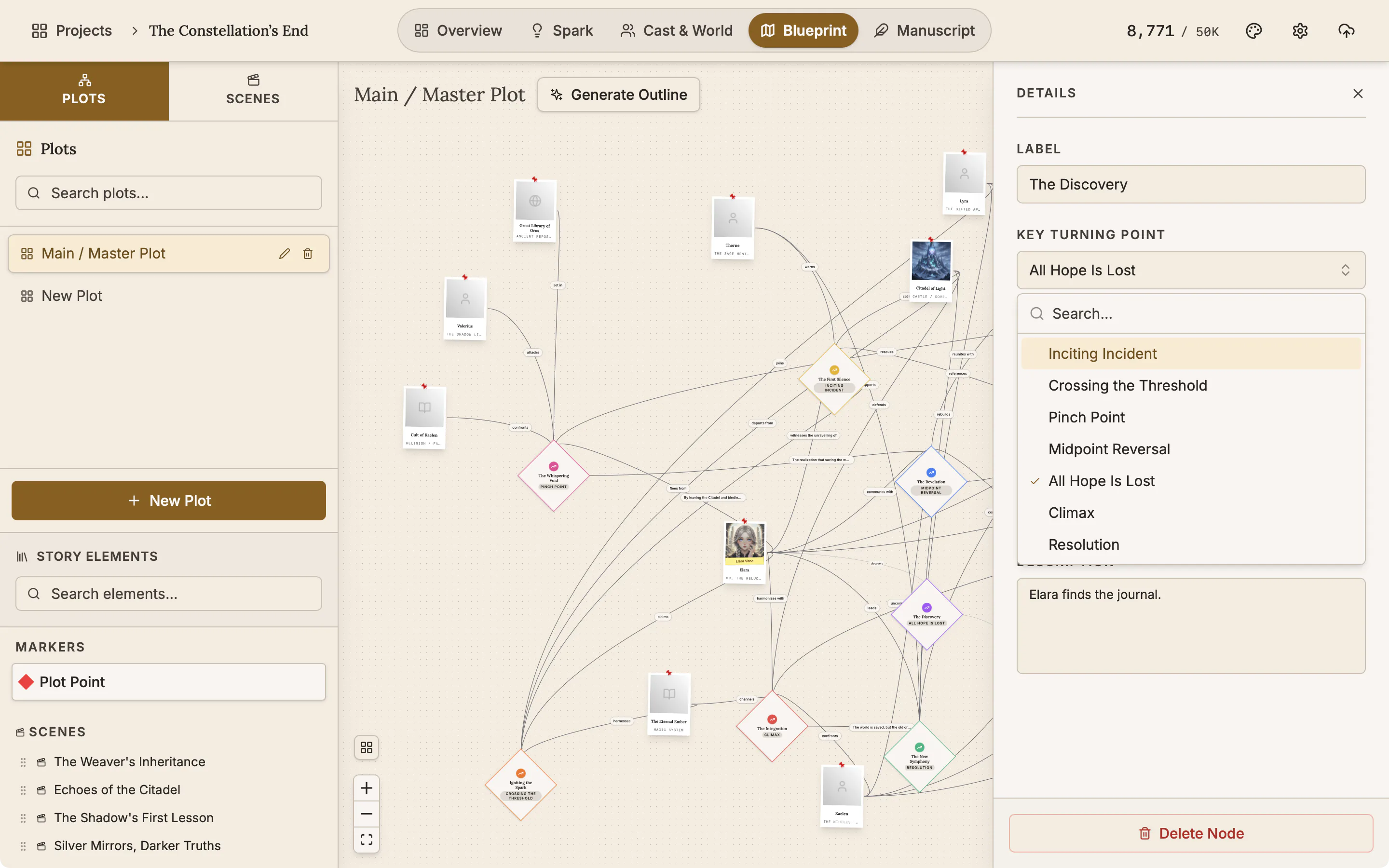The Details panel of a plot point with the type list open, from Inciting Incident to Resolution.