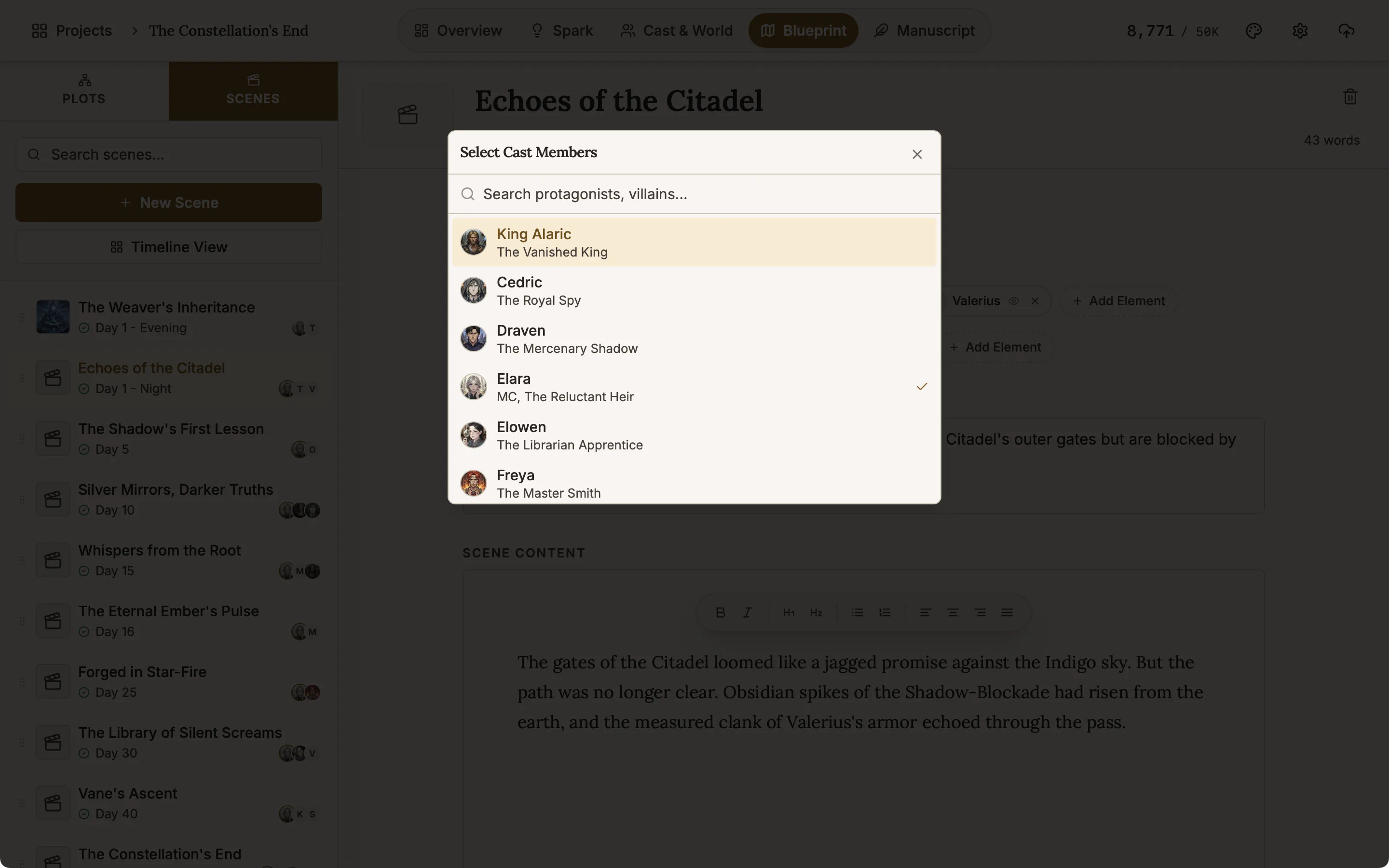 The scene editor with the cast picker open, listing characters with their portraits.