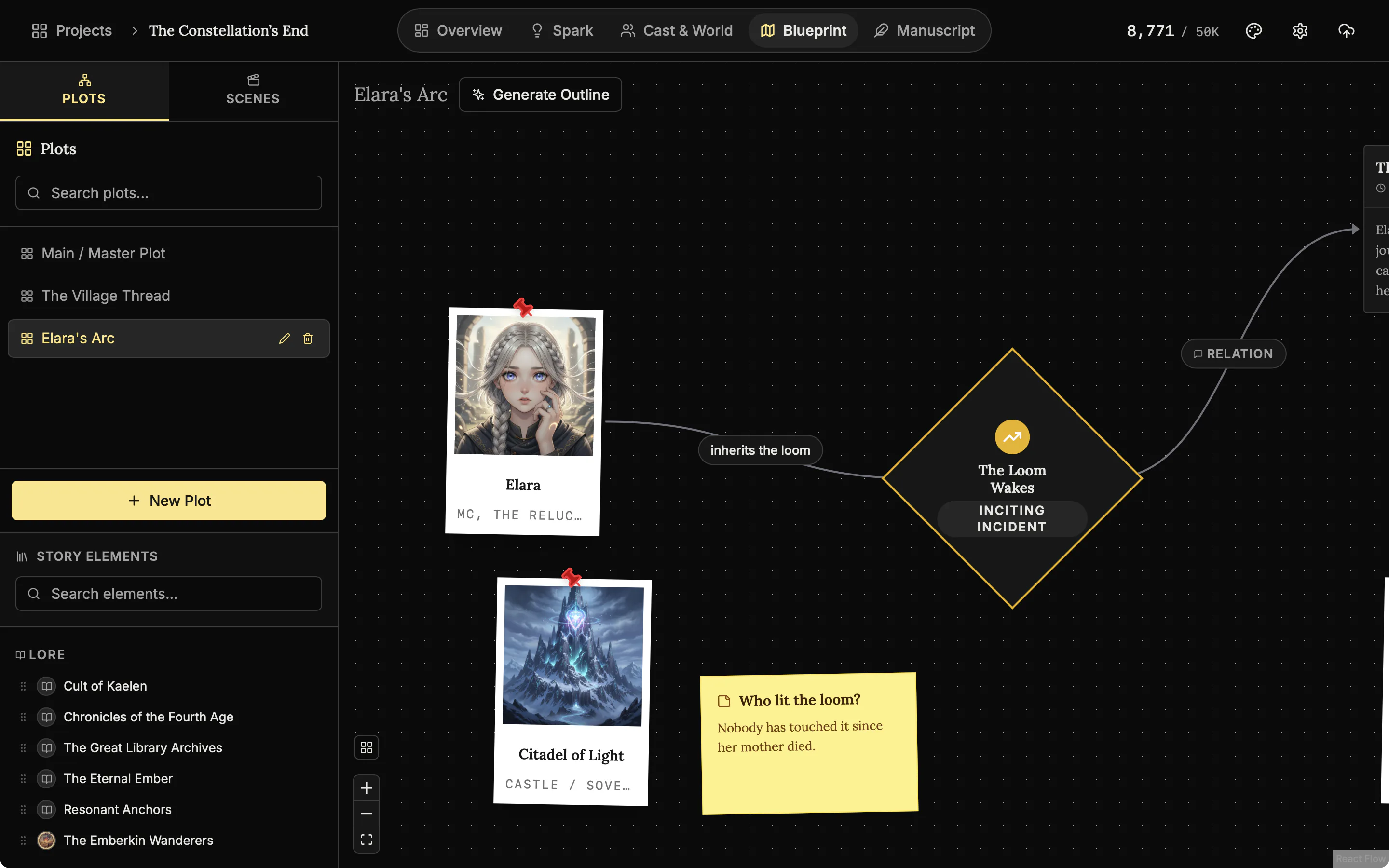A plot board with a yellow sticky note beside linked cards.