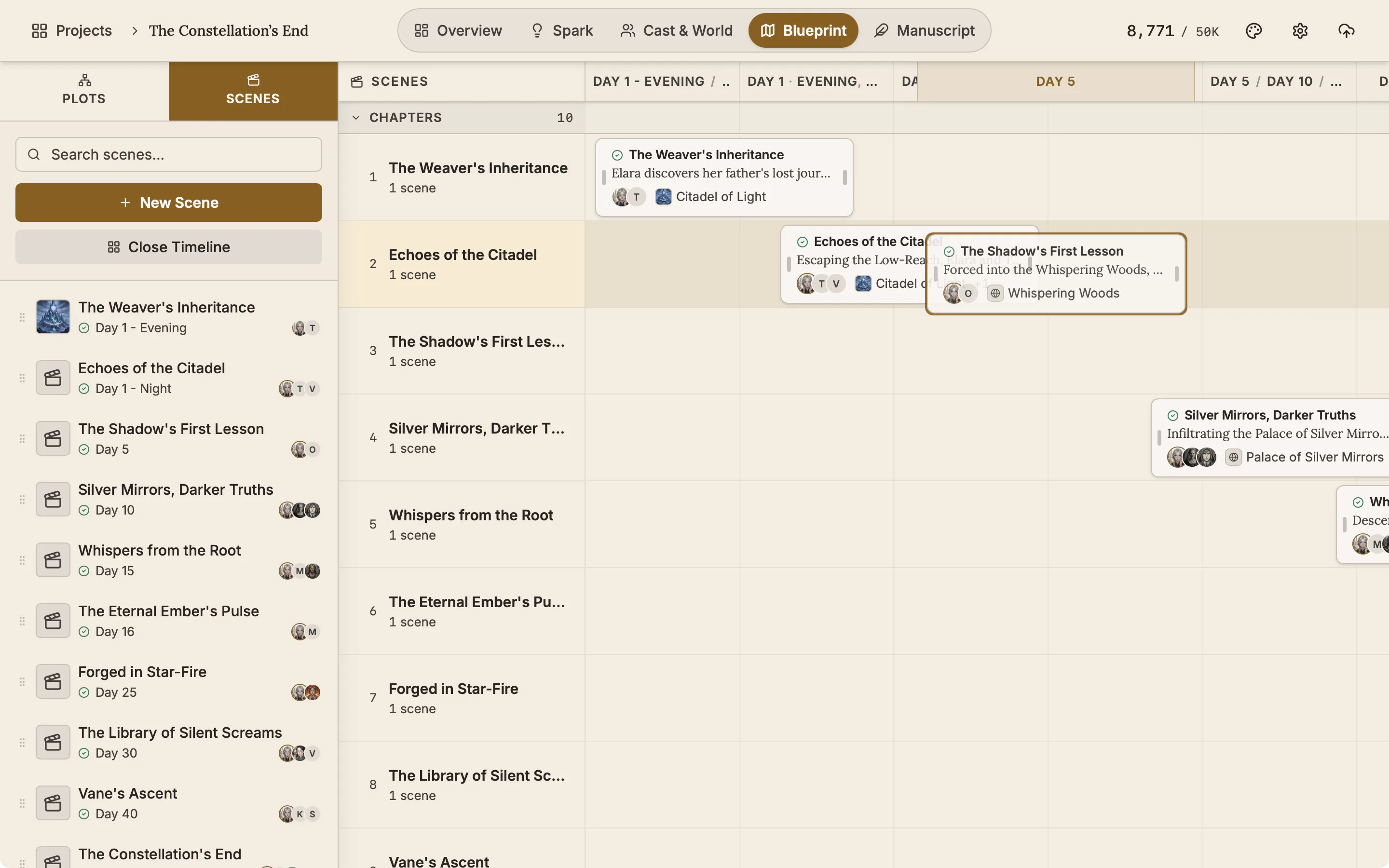 The timeline with a scene being dragged and the chapter row under it highlighted.