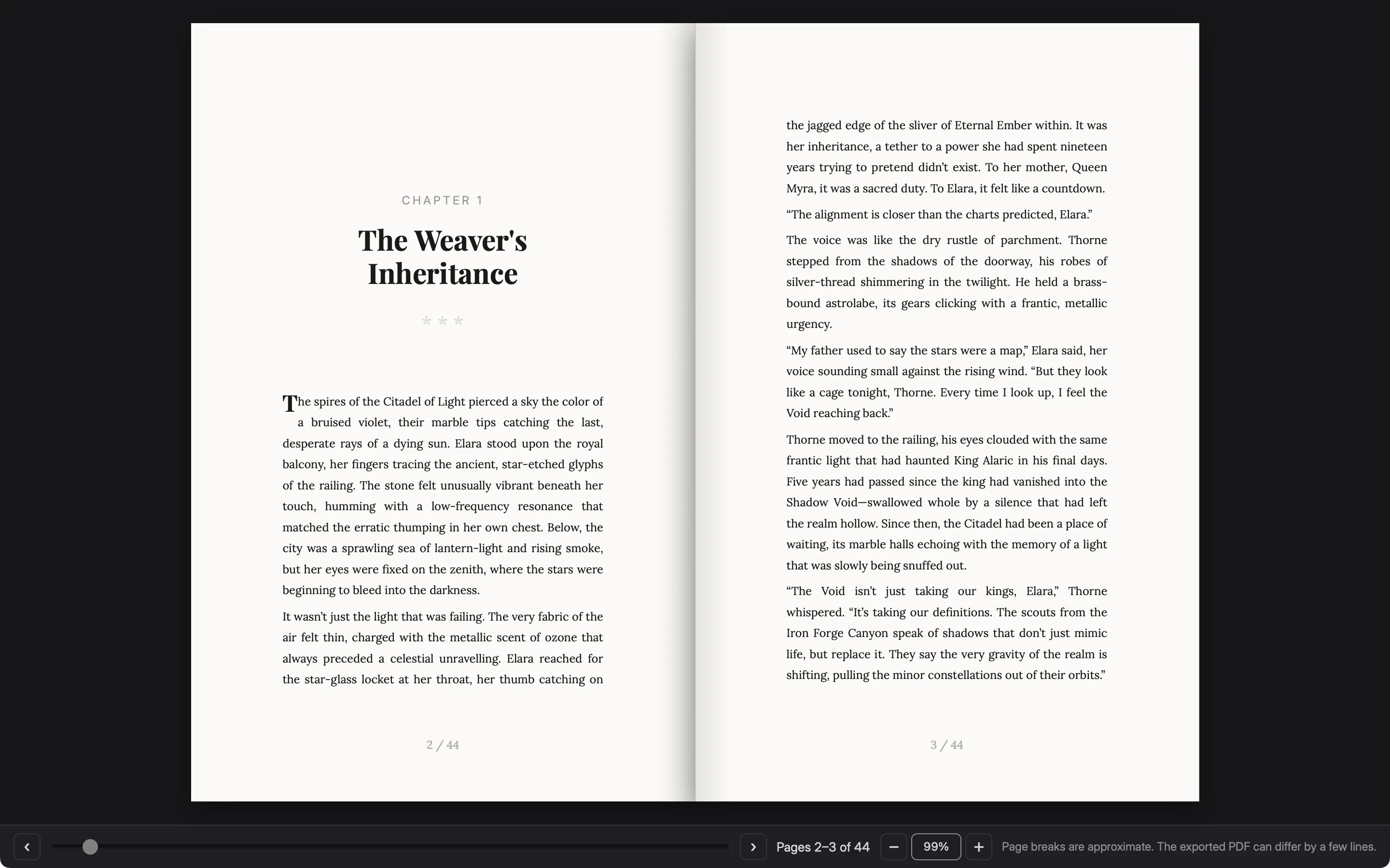 The Book Preview window showing pages 2 and 3 of 44 side by side: the opening of chapter one, The Weaver's Inheritance, on the left and its next page on the right.