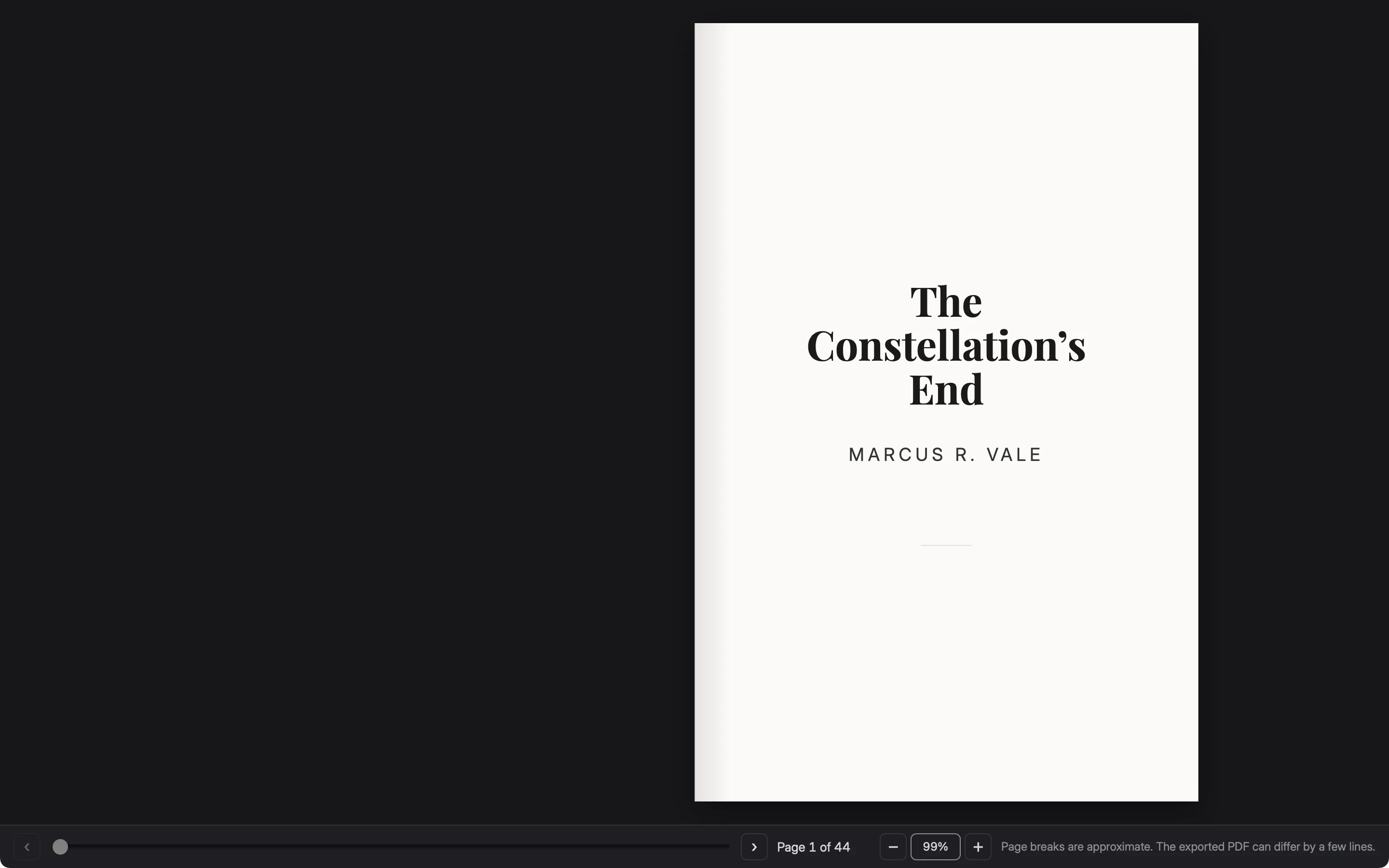 The Book Preview window showing the title page of The Constellation's End by Marcus R. Vale, with page and zoom controls along the bottom.