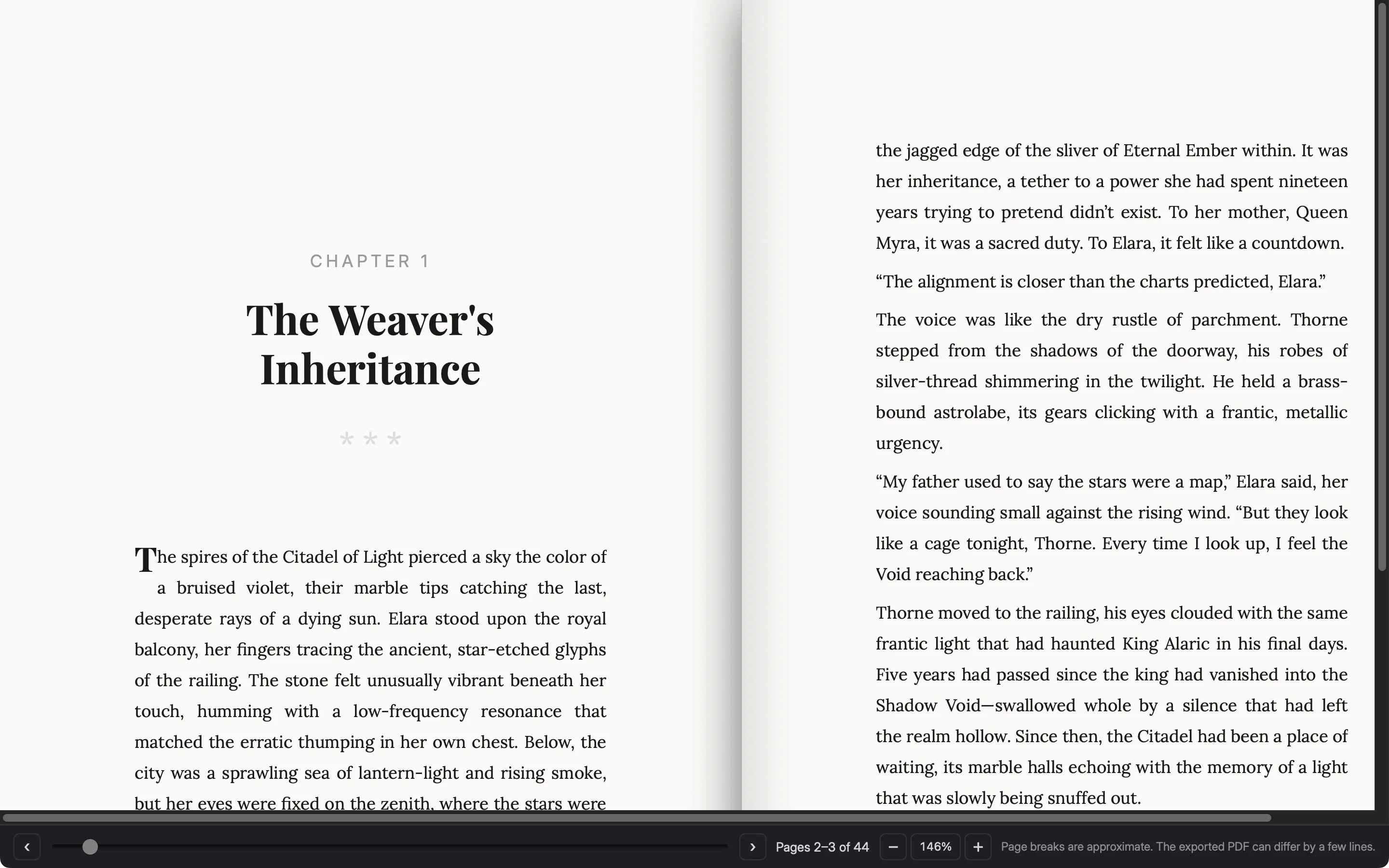The Book Preview window zoomed to 146 percent on the opening of chapter one, with the chapter heading and the first paragraphs large enough to read.