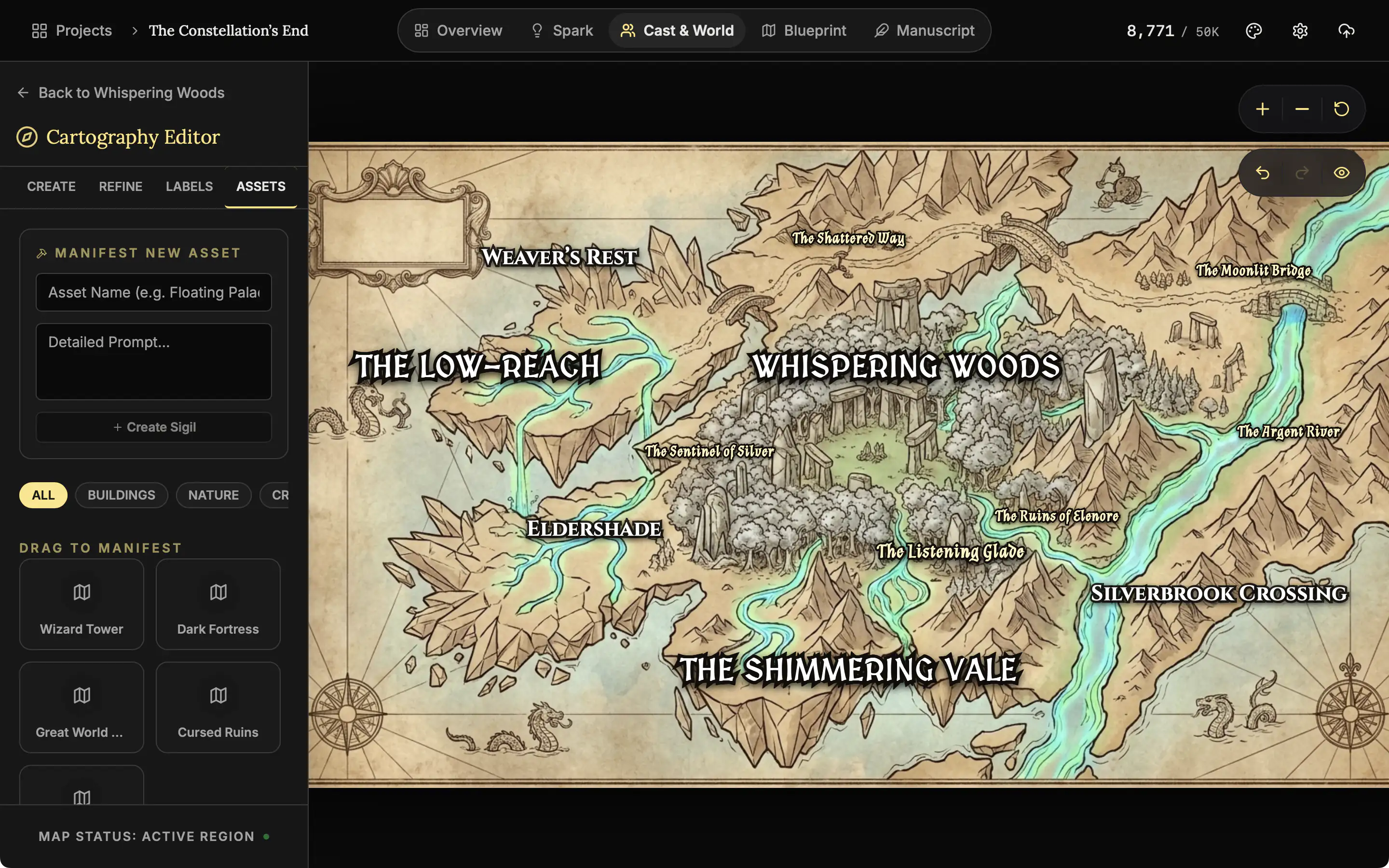 The Assets tab of the Cartography editor with a grid of landmarks beside the map.