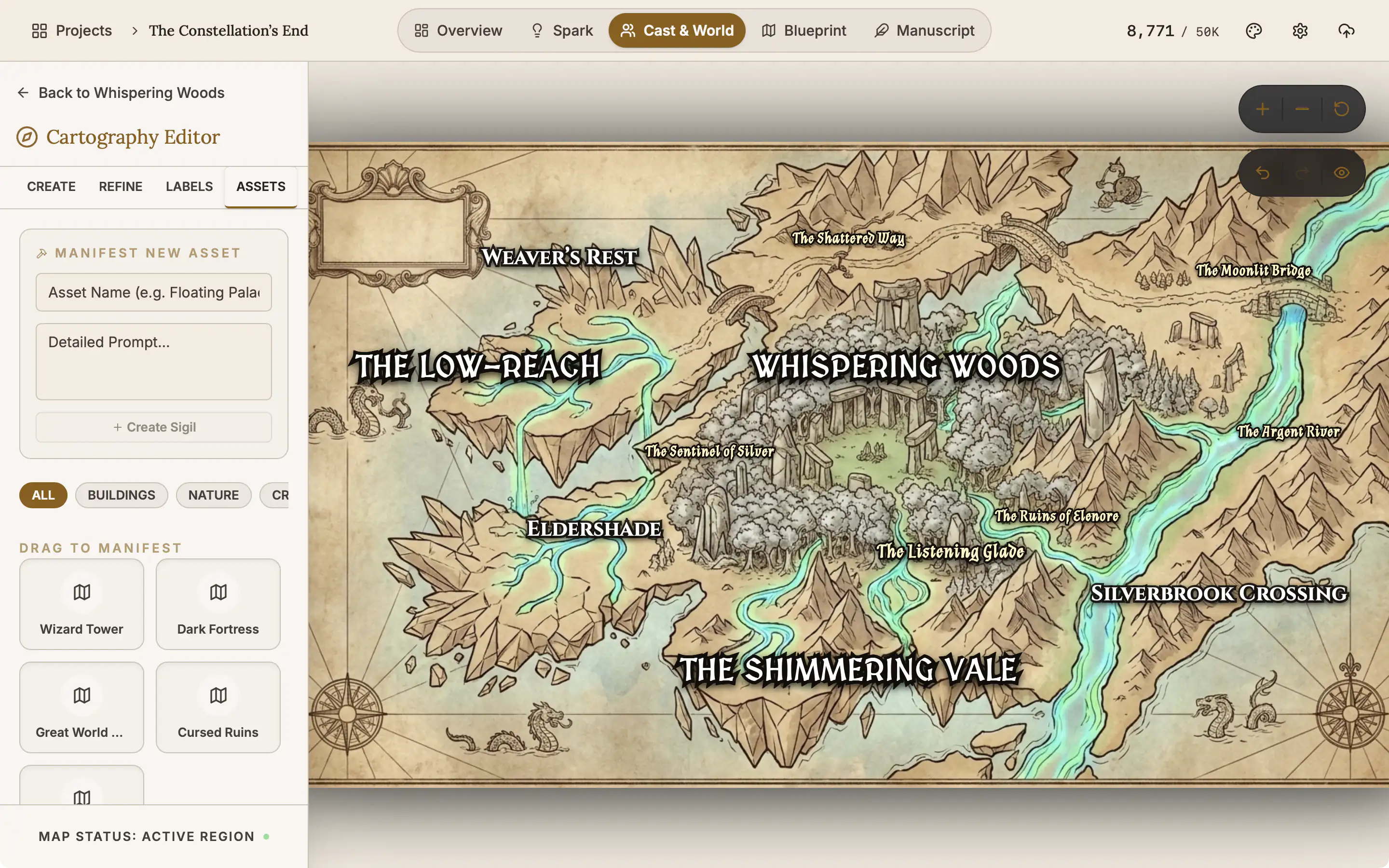 The Assets tab of the Cartography editor with a grid of landmarks beside the map.