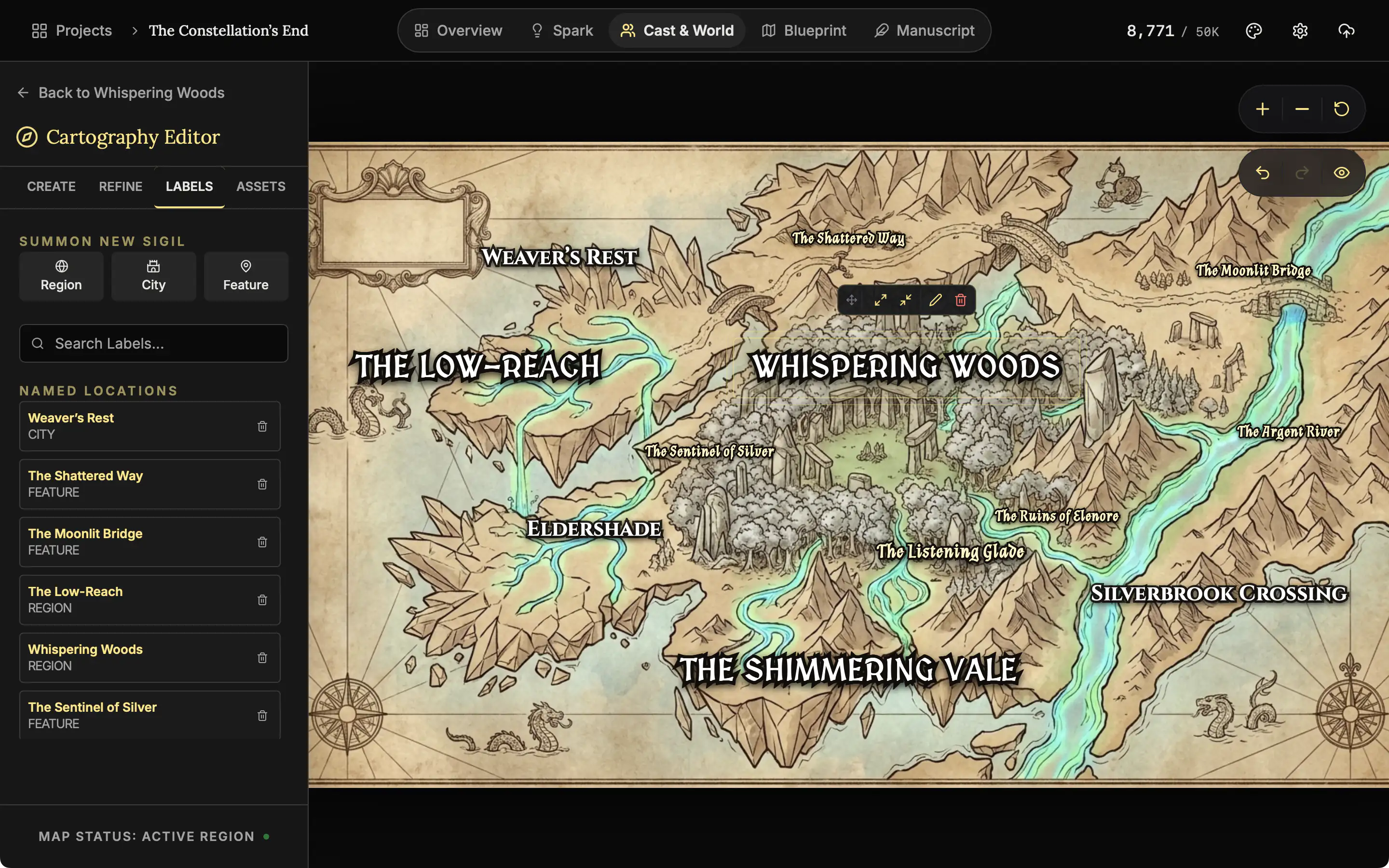 A parchment-style map of a forest between mountains and rivers, with place names on it, one label selected, and the list of labels beside it.