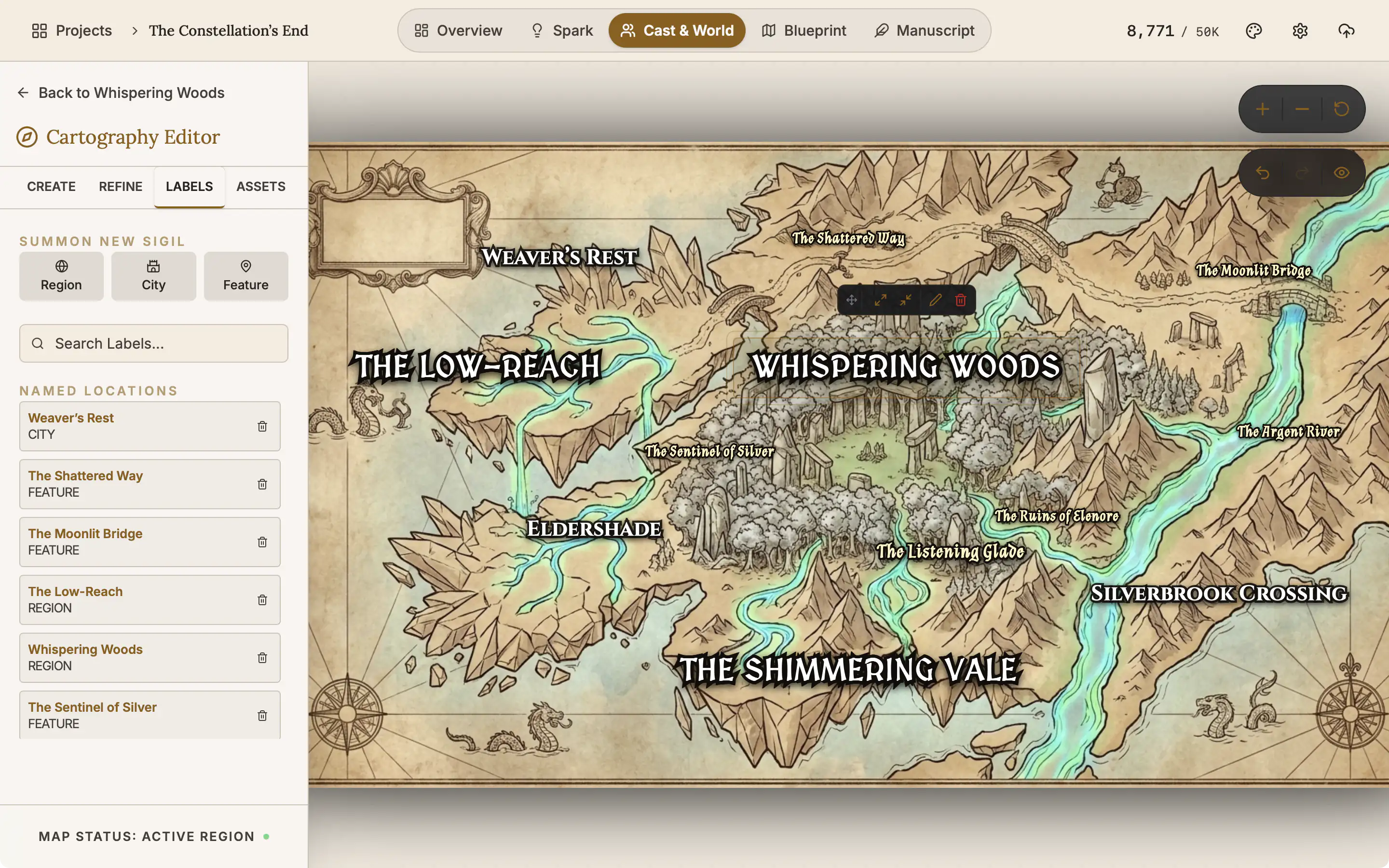 A parchment-style map of a forest between mountains and rivers, with place names on it, one label selected, and the list of labels beside it.
