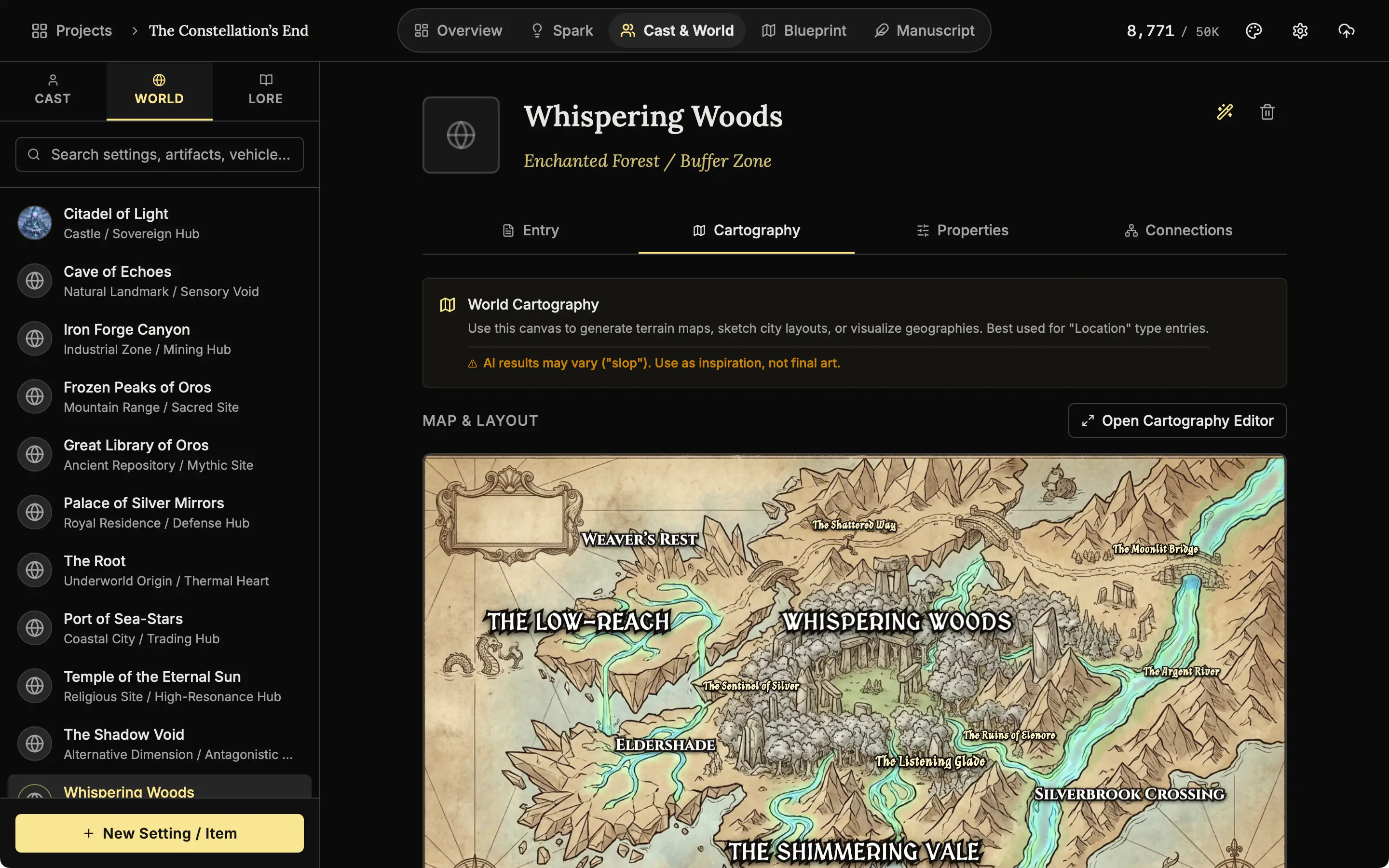 The Cartography tab of a place entry showing its finished map.