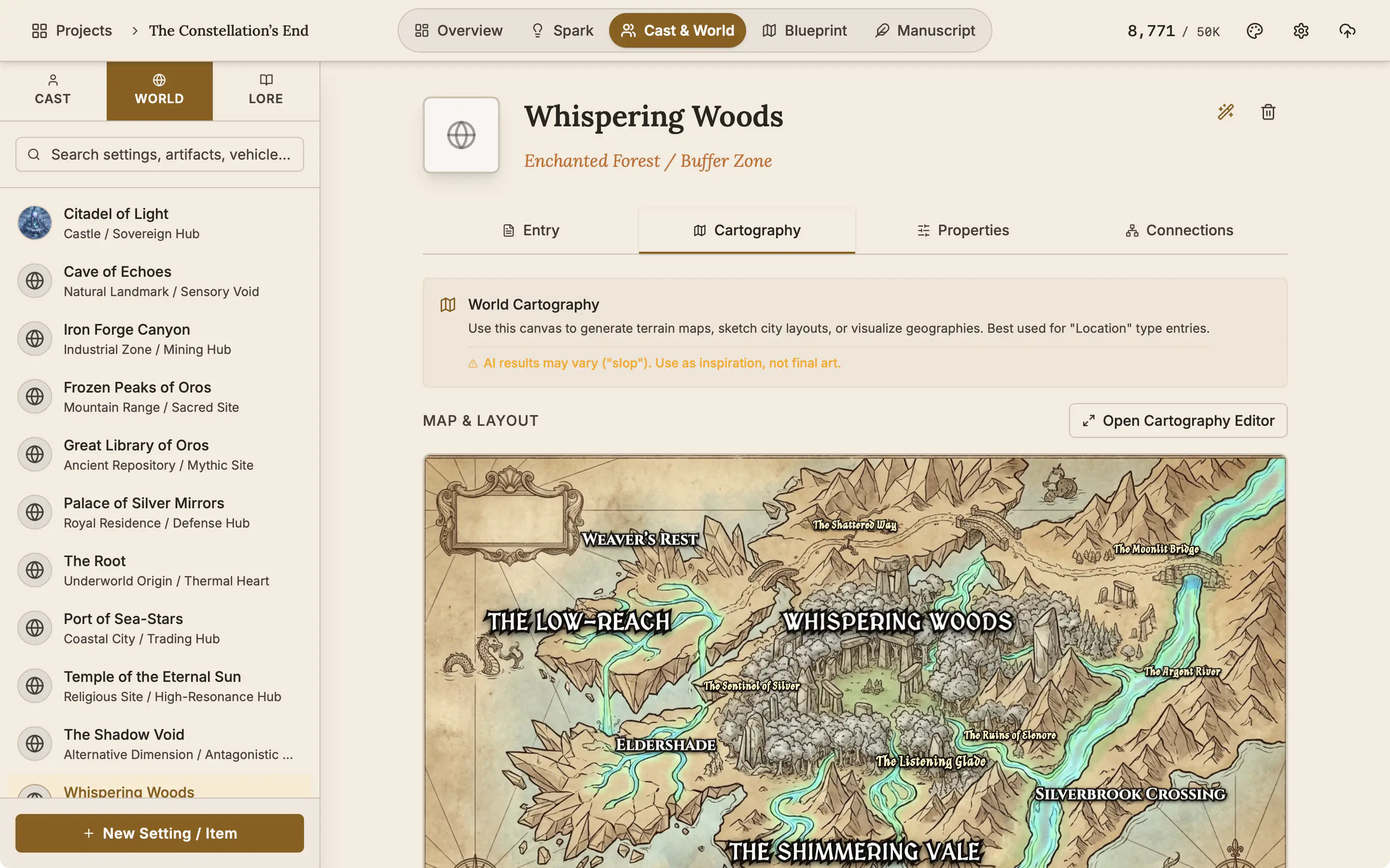 The Cartography tab of a place entry showing its finished map.
