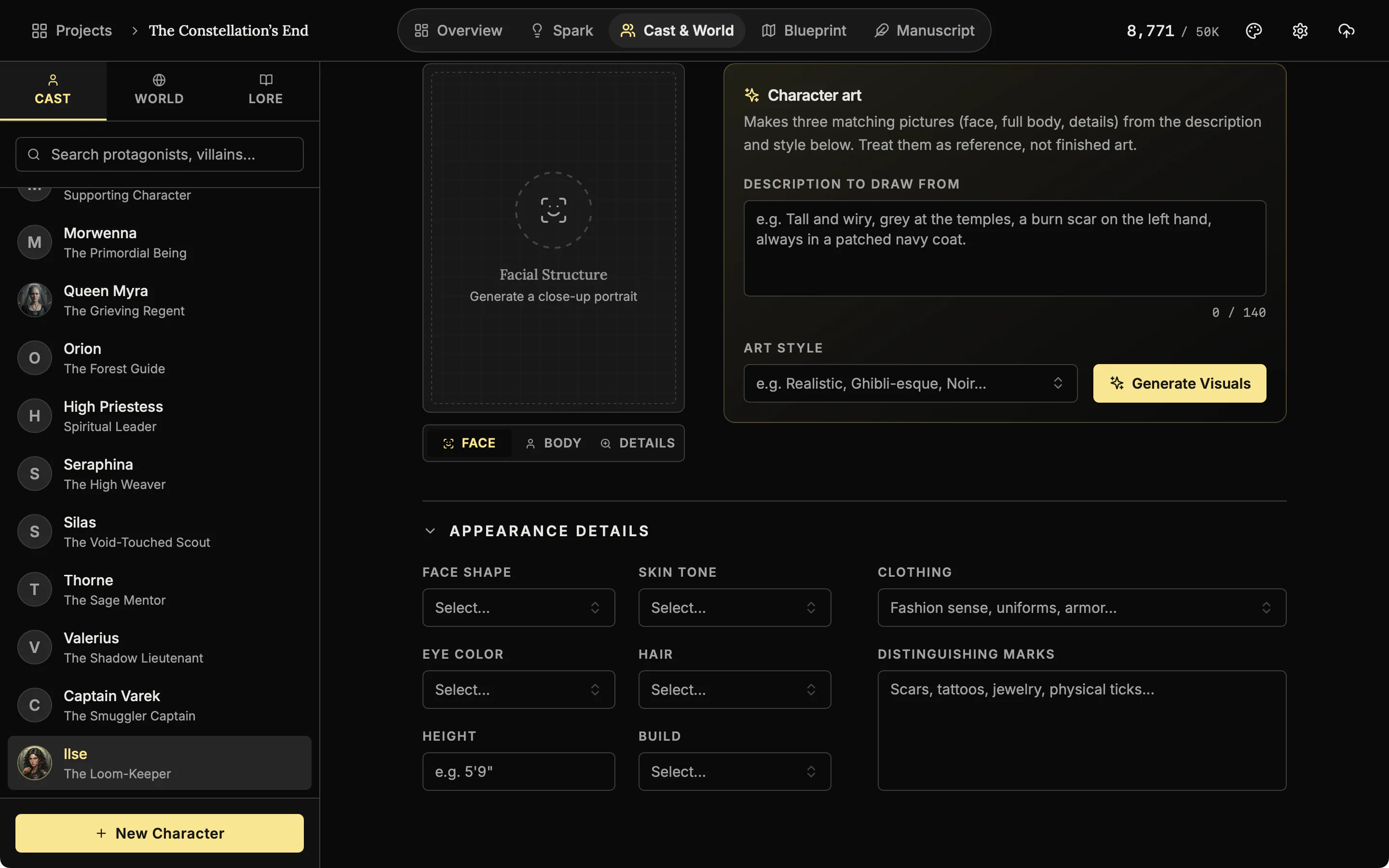 A character dossier with the Appearance details section unfolded to show the description fields.