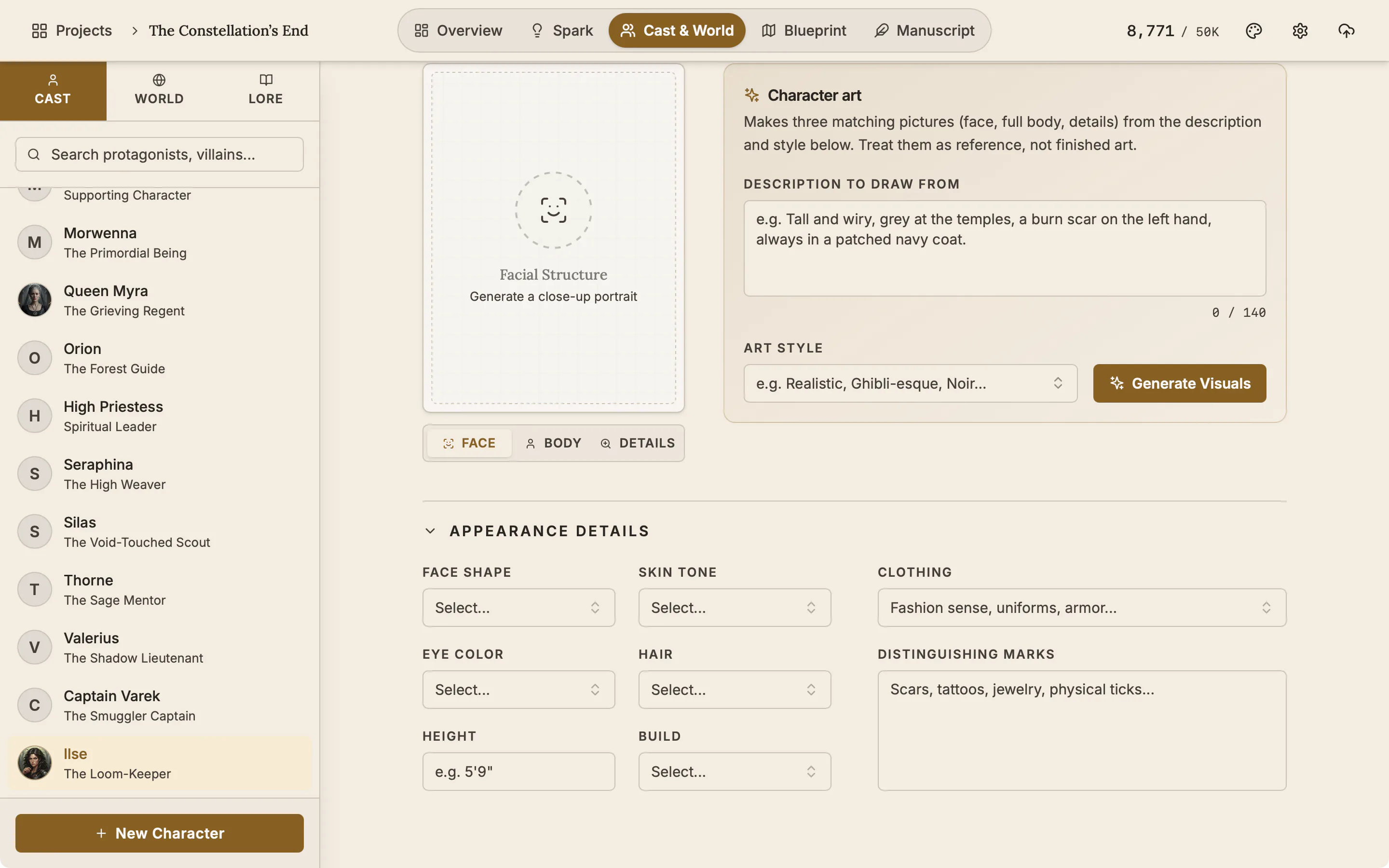 A character dossier with the Appearance details section unfolded to show the description fields.
