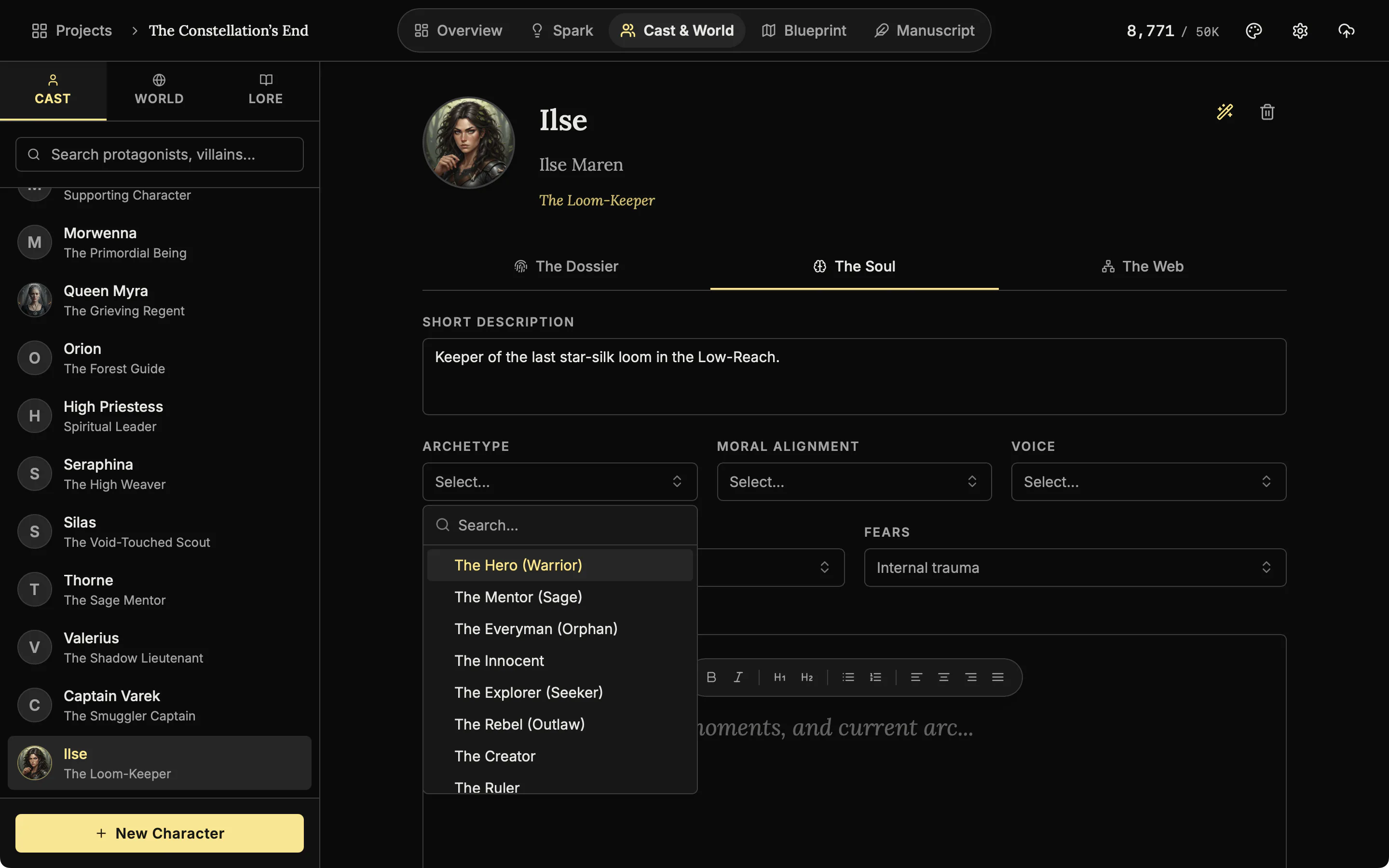 The Soul tab of a character with the archetype list open, showing options such as The Hero, The Mentor and The Rebel.
