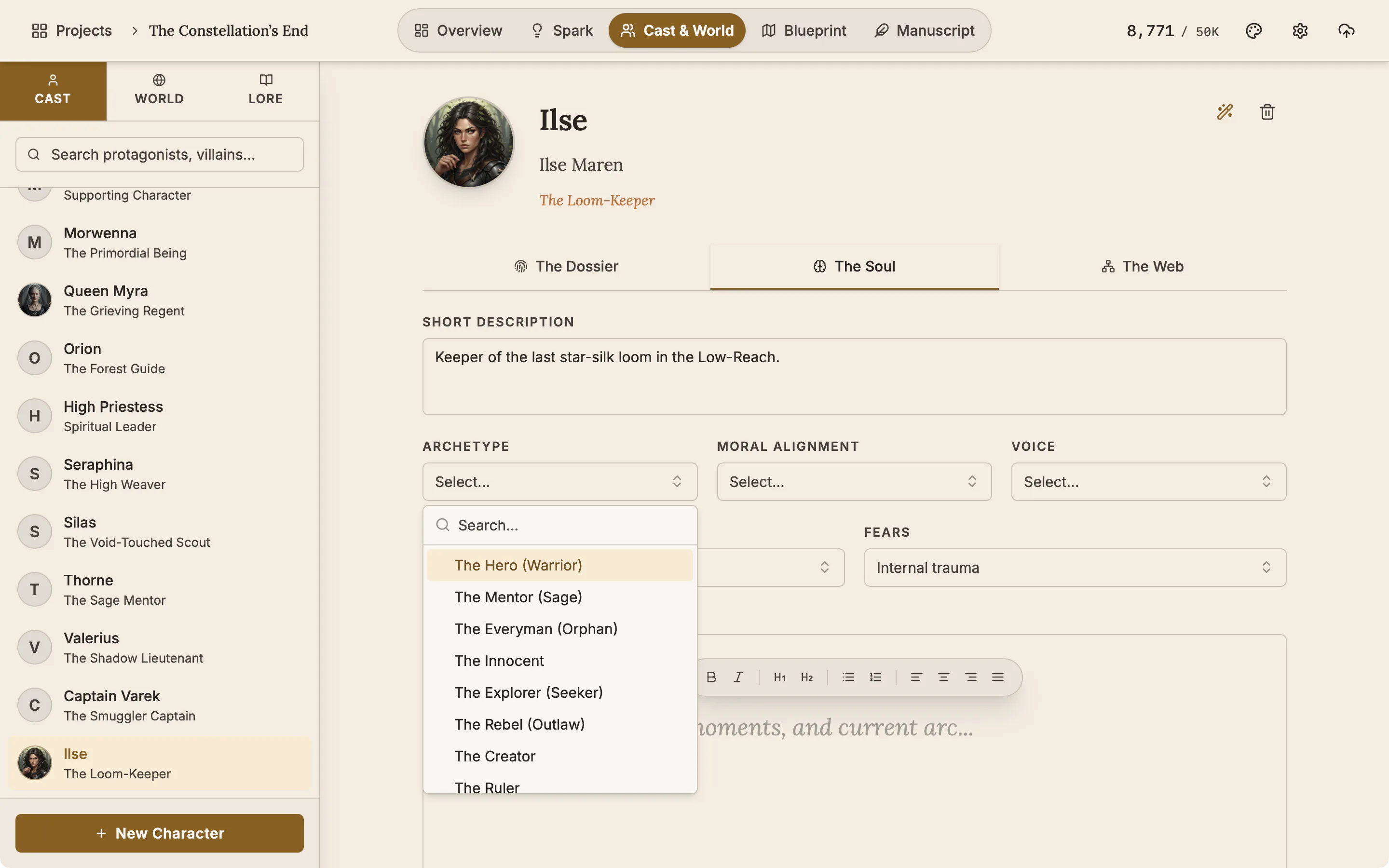 The Soul tab of a character with the archetype list open, showing options such as The Hero, The Mentor and The Rebel.