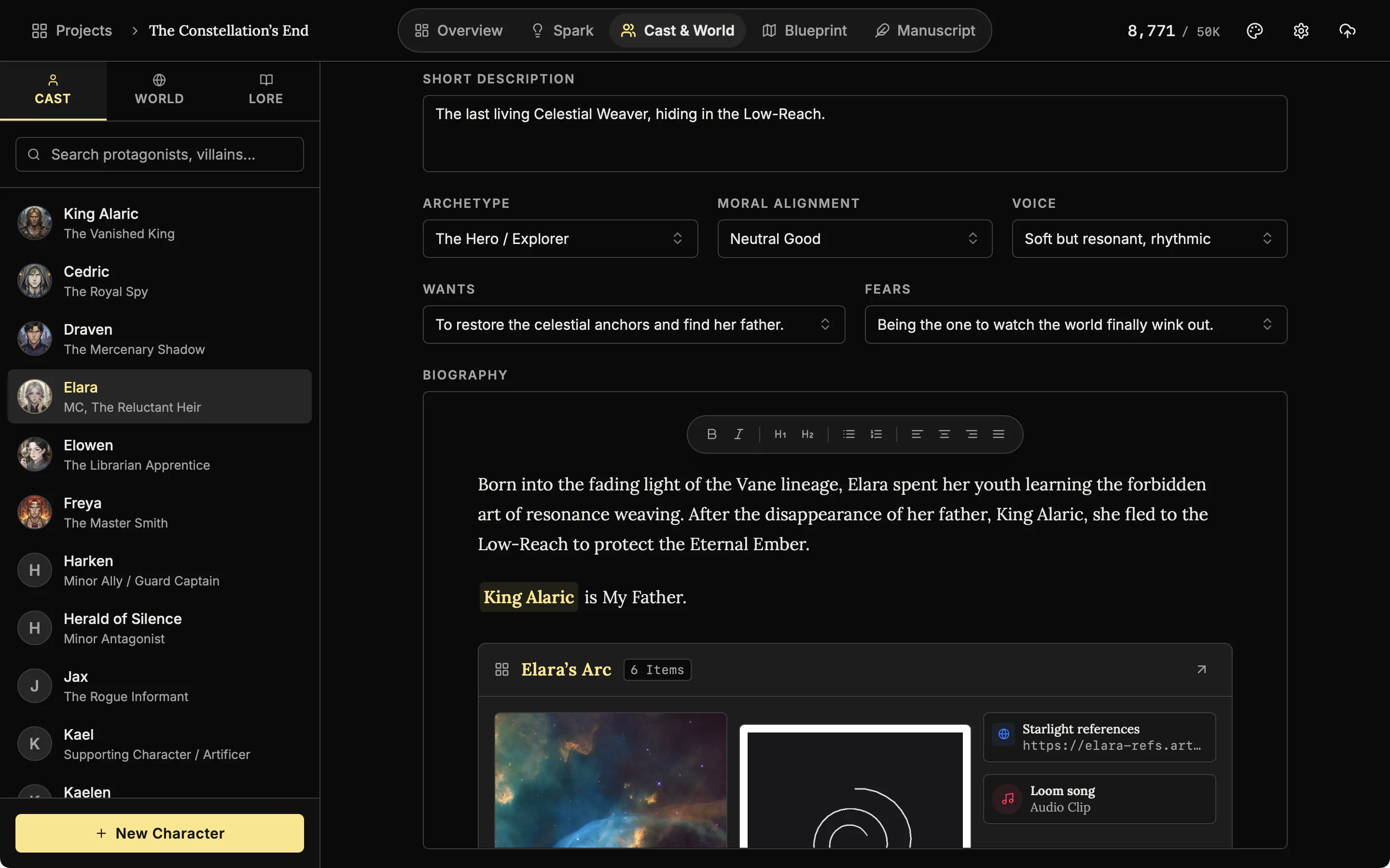 The biography editor of a character with formatted text and mentions of other characters and places.