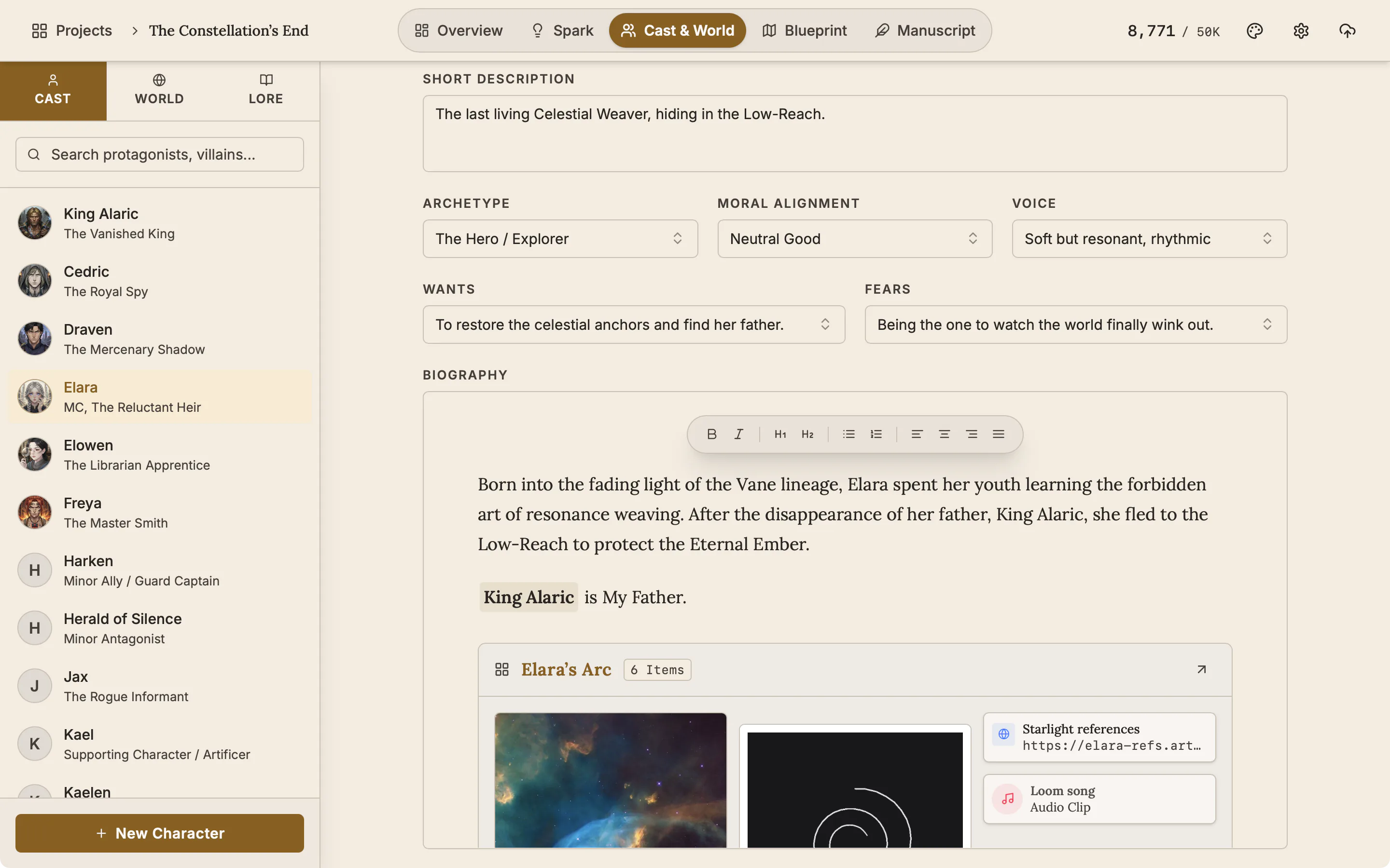 The biography editor of a character with formatted text and mentions of other characters and places.